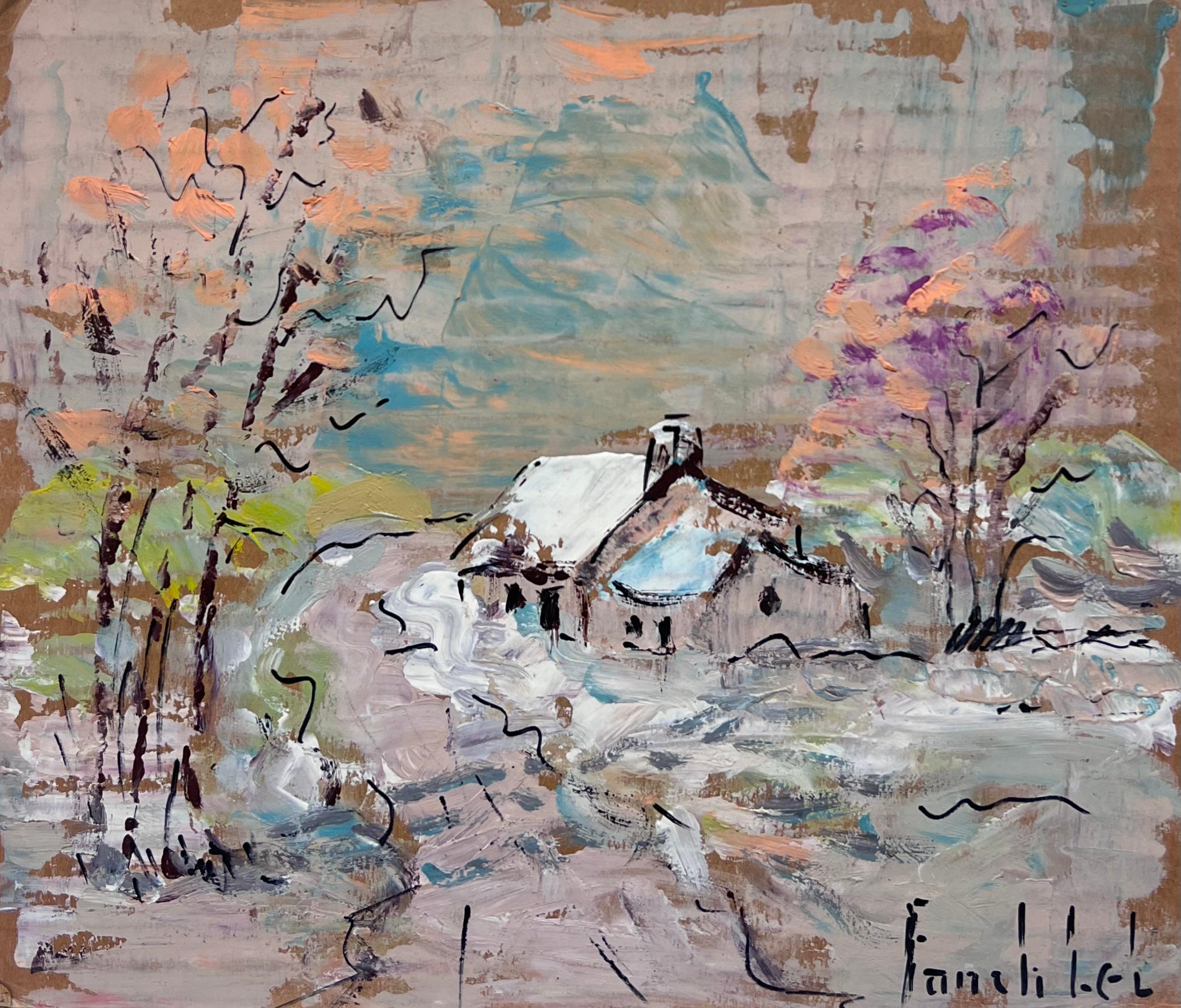 Figurative Painting di Fanch Lel - Cottage invernale dell'Impressionismo francese in un paesaggio di alberi luminosi ricoperti di neve