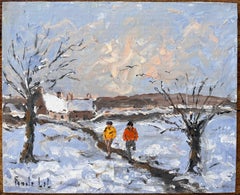 French Impressionist Winter Landscape with Figures Walking Through Snow