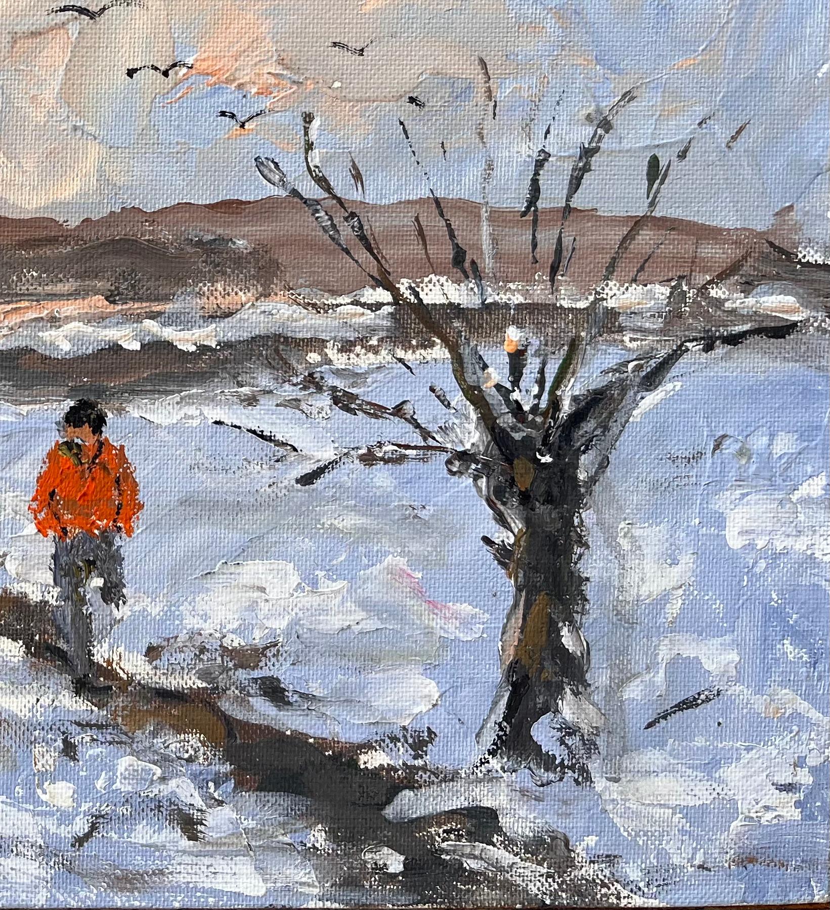 Paysage d'hiver impressionniste français avec des personnages marchant par la neige - Impressionnisme Painting par Fanch Lel