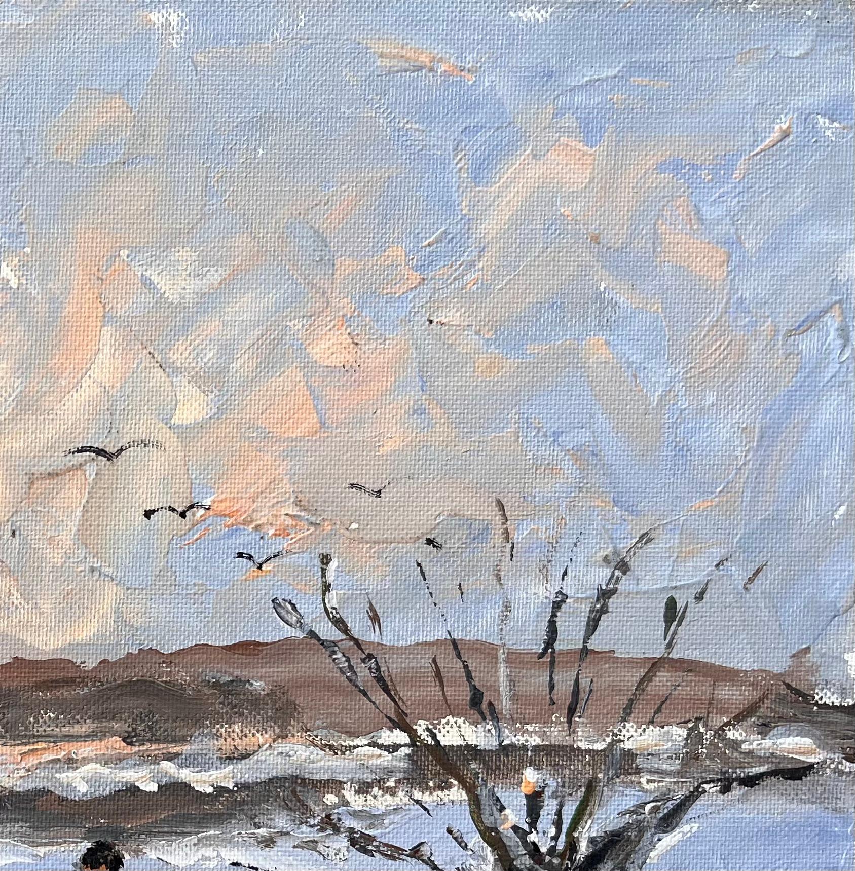 Paysage d'hiver impressionniste français avec des personnages marchant par la neige - Gris Landscape Painting par Fanch Lel