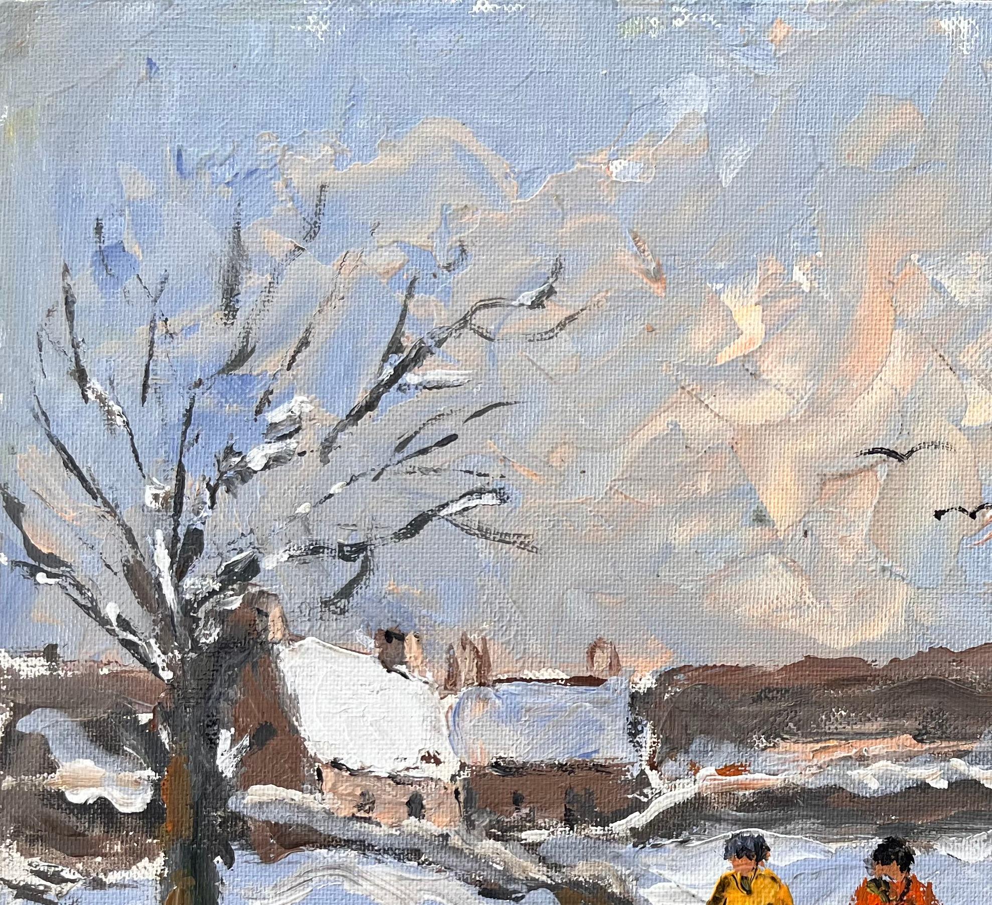 Paysage d'hiver impressionniste français avec des personnages marchant par la neige en vente 1