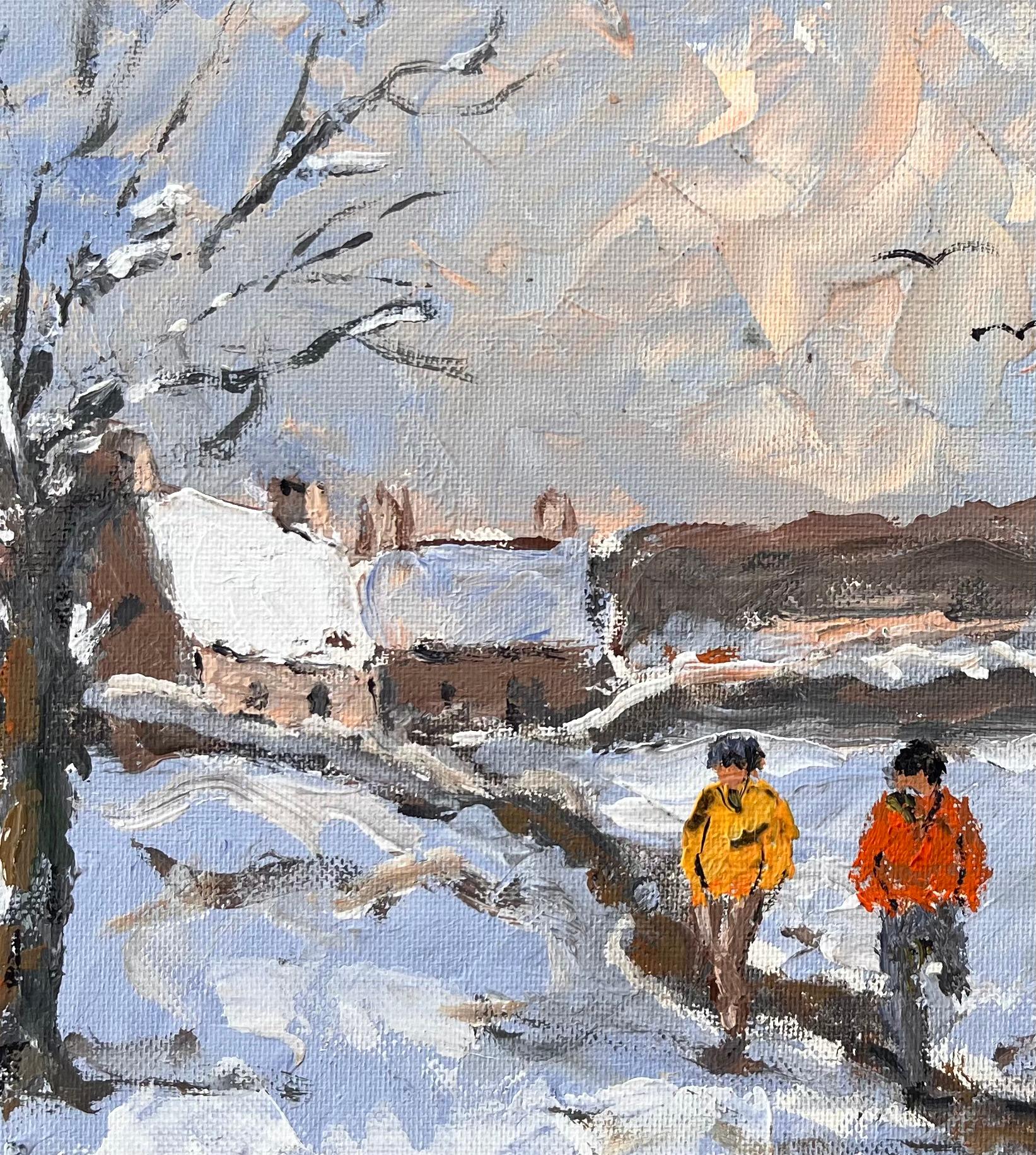 Paysage d'hiver impressionniste français avec des personnages marchant par la neige en vente 2