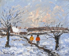 French Impressionist Winter Landscape with Figures Walking Through Snow