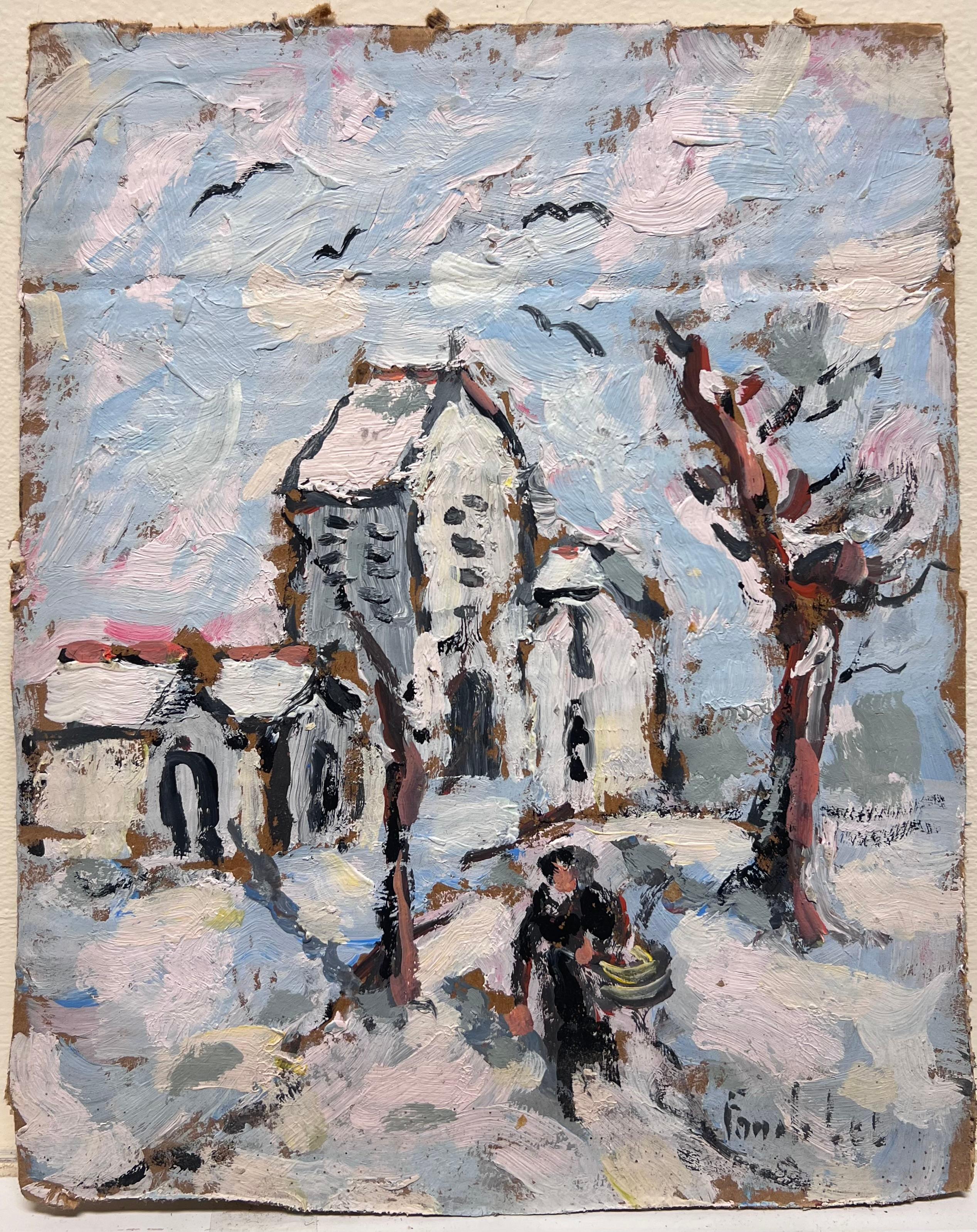 Impressionista francese A. Winter Norman Village Scena di neve con figura e chiesa - Painting di Fanch Lel