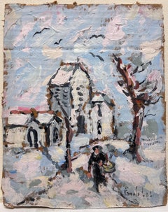 French Impressionist Winter Norman Village Snow Scene with Figure and Church