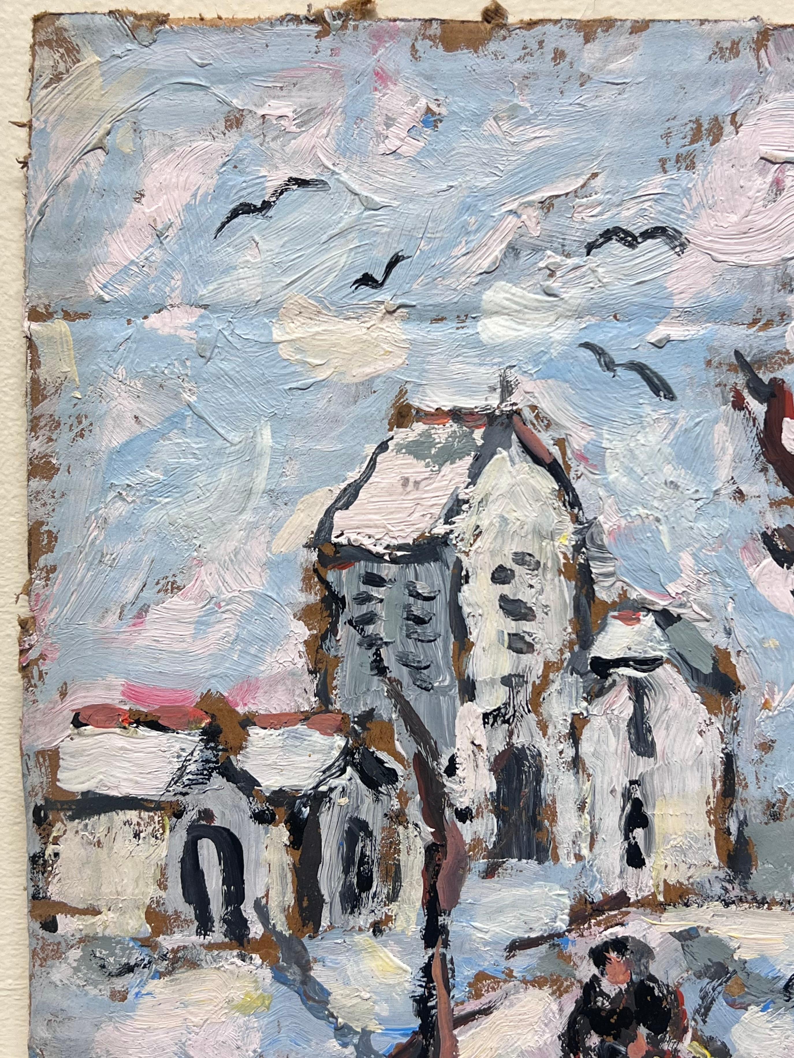 Impressionista francese A. Winter Norman Village Scena di neve con figura e chiesa - Painting Impressionismo di Fanch Lel