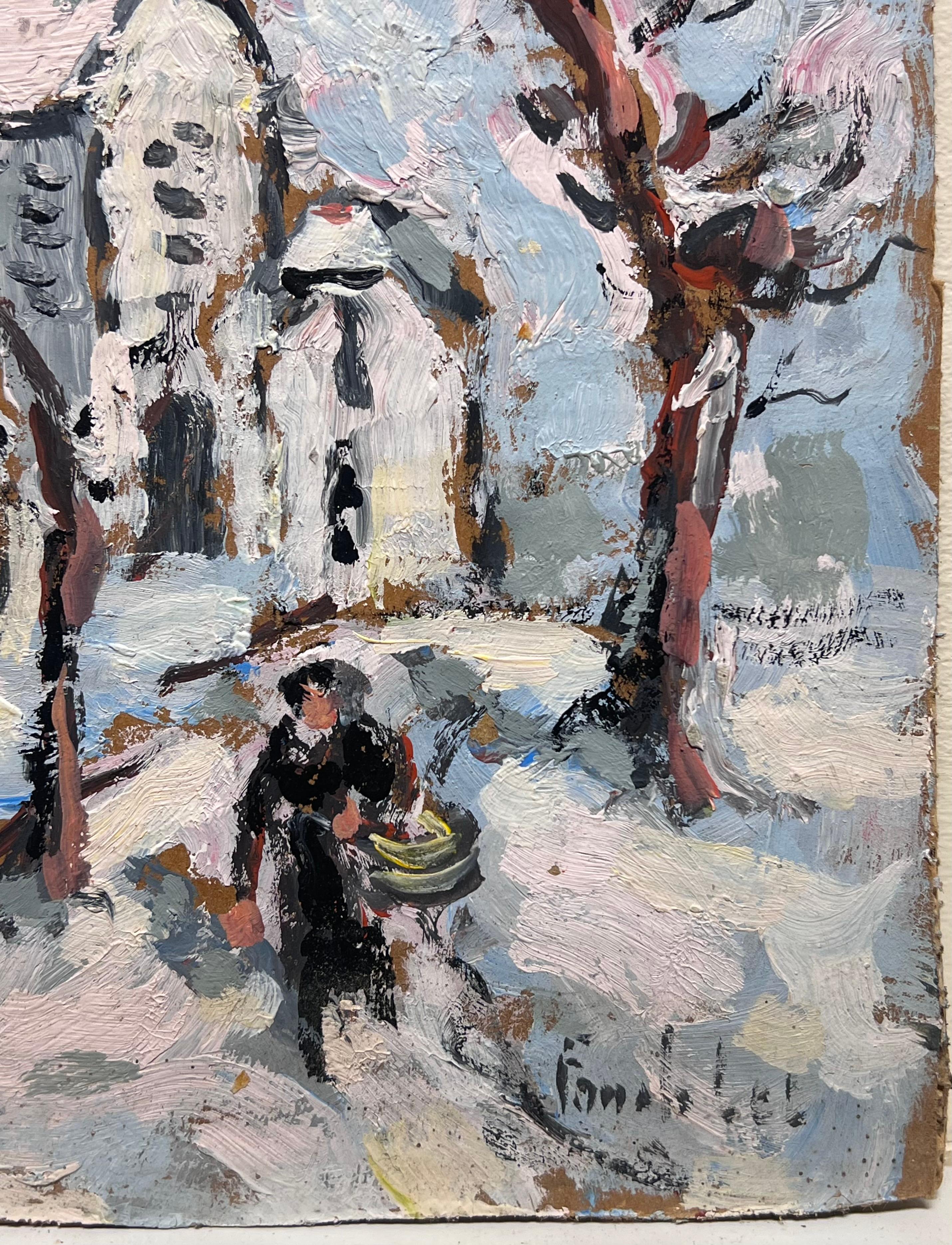Impressionista francese A. Winter Norman Village Scena di neve con figura e chiesa - Figurative Painting Grigio di Fanch Lel