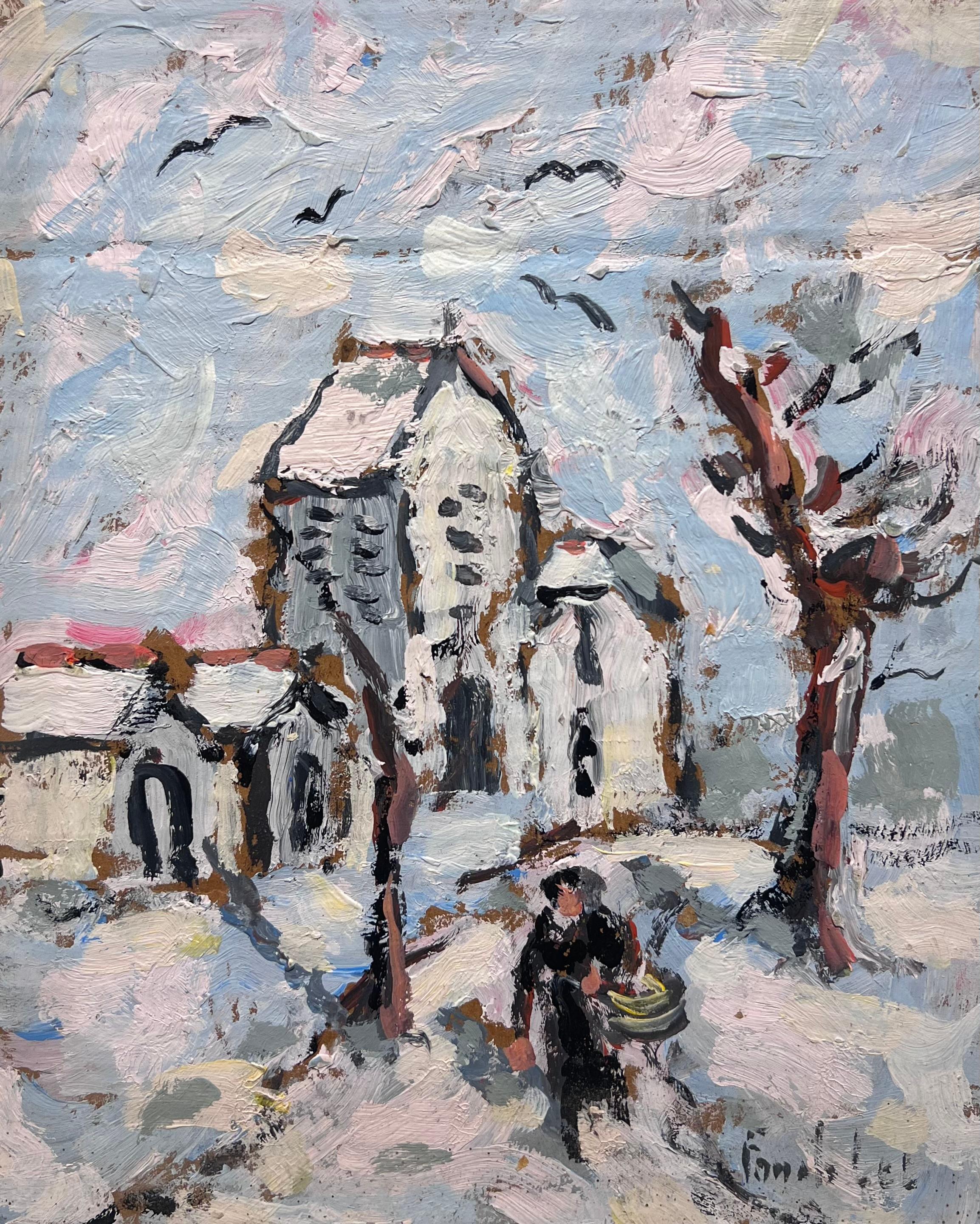Figurative Painting di Fanch Lel - Impressionista francese A. Winter Norman Village Scena di neve con figura e chiesa