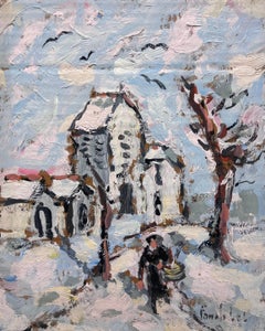 French Impressionist Winter Norman Village Snow Scene with Figure and Church