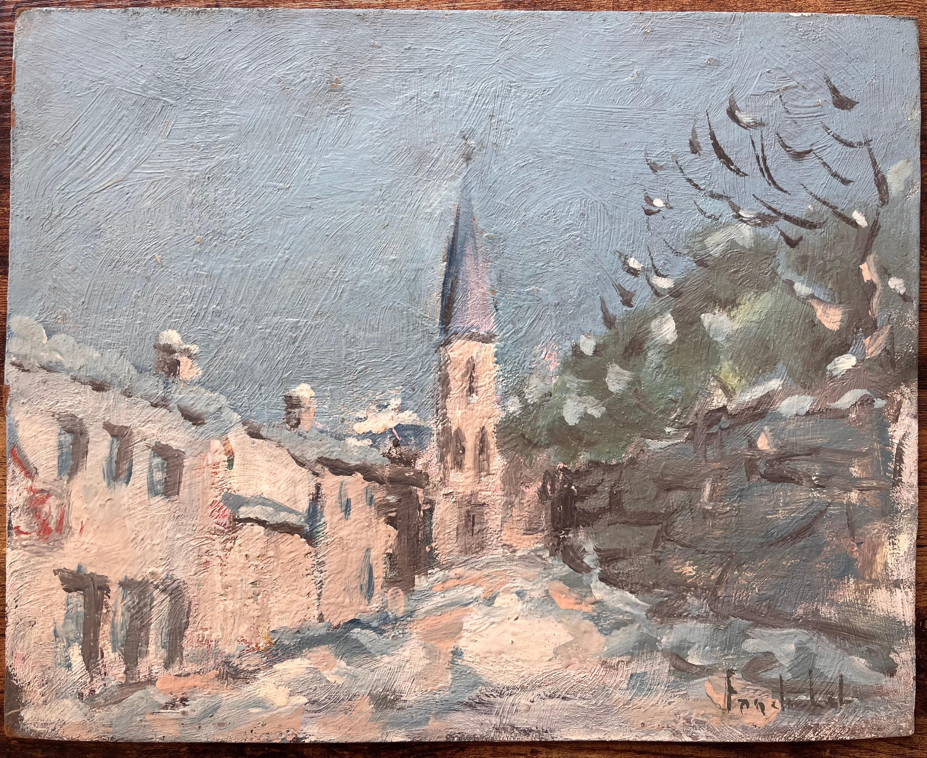Französischer Impressionist Winterliche Straßenszene mit Kirchturmspitze und Schnee – Painting von Fanch Lel
