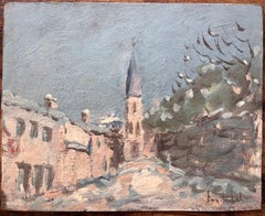 Scena di strada invernale dell'Impressionismo francese con guglia della chiesa e neve