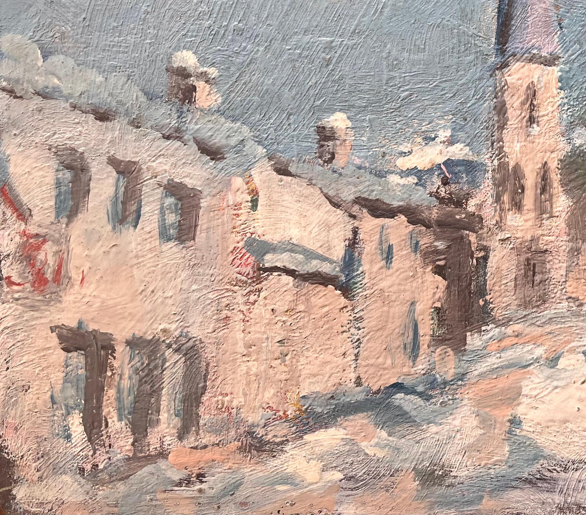 Französischer Impressionist Winterliche Straßenszene mit Kirchturmspitze und Schnee (Impressionismus), Painting, von Fanch Lel