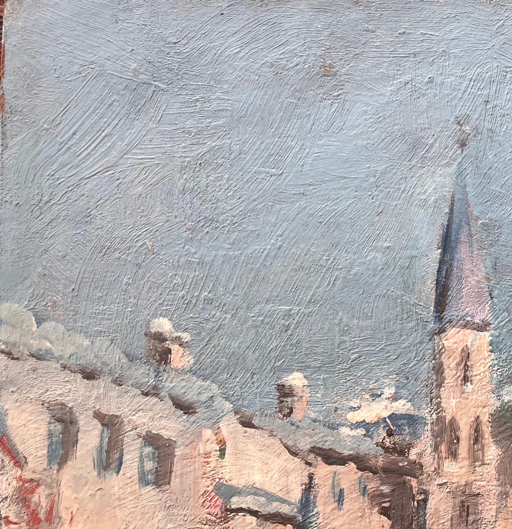 Französischer Impressionist Winterliche Straßenszene mit Kirchturmspitze und Schnee (Grau), Landscape Painting, von Fanch Lel