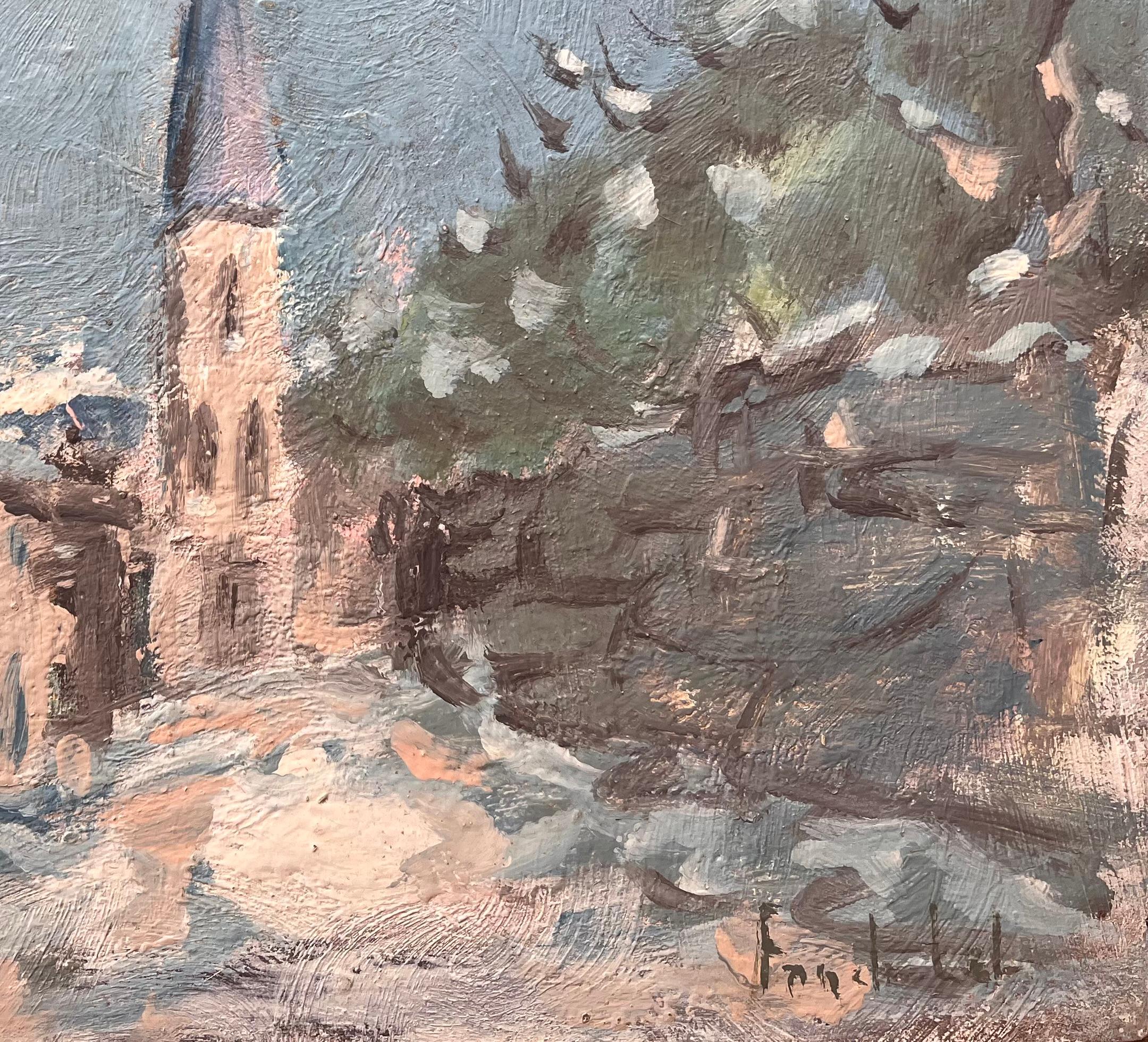 Titel: Französischer Impressionist Winterliche Straßenszene mit Kirchturmspitze und Schnee
Von Fanch Lel
Unterschrieben: Ja
Größe: 13 x 16,25 Zoll (Höhe x Breite)
Ölgemälde auf Karton, ungerahmt
Zustand: Das Gemälde ist in gutem Zustand mit leichten