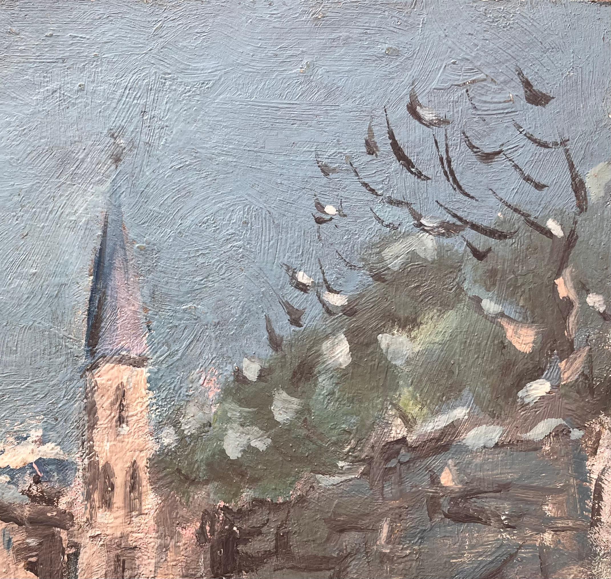 Französischer Impressionist Winterliche Straßenszene mit Kirchturmspitze und Schnee im Angebot 1