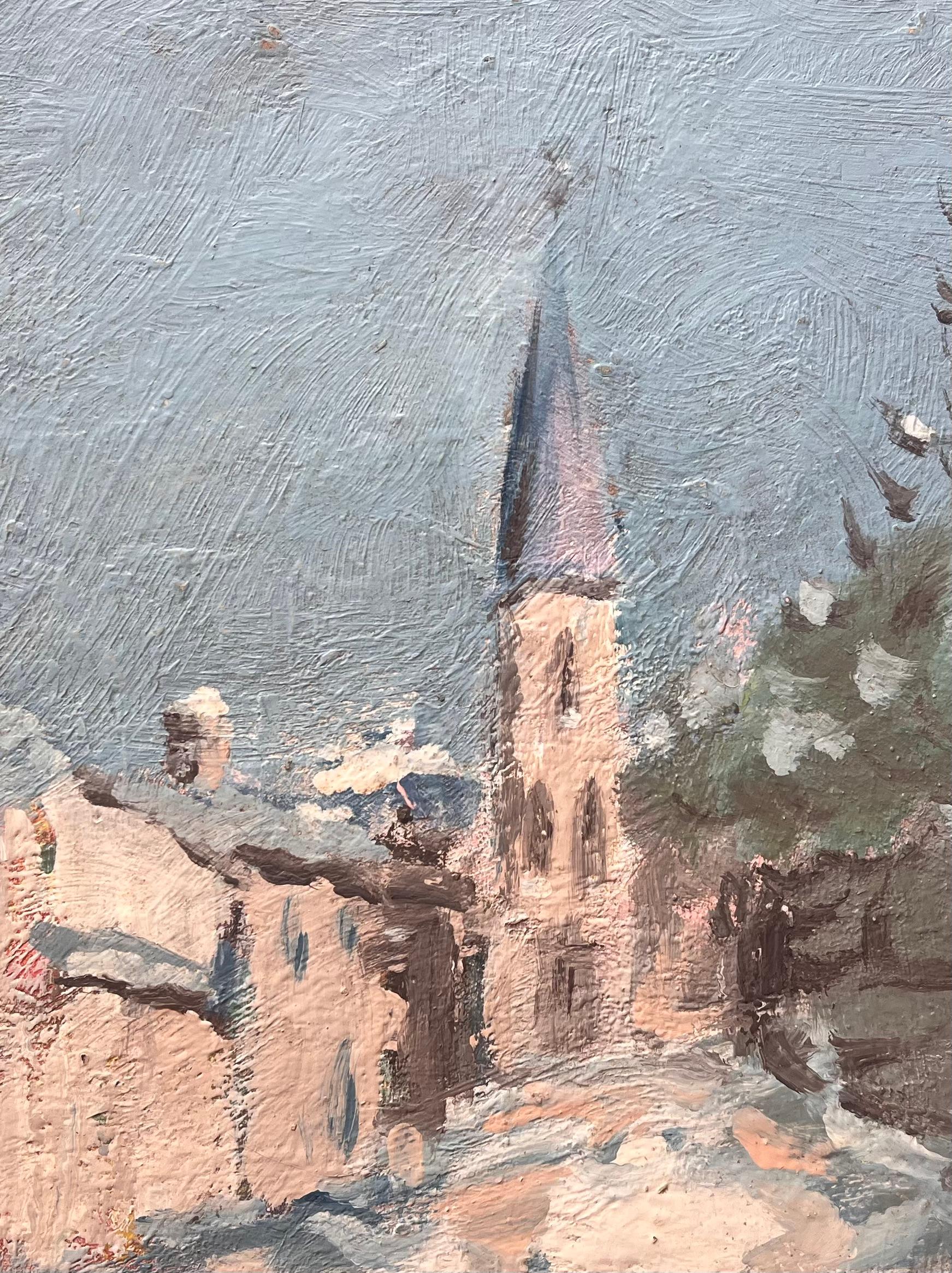Französischer Impressionist Winterliche Straßenszene mit Kirchturmspitze und Schnee im Angebot 2