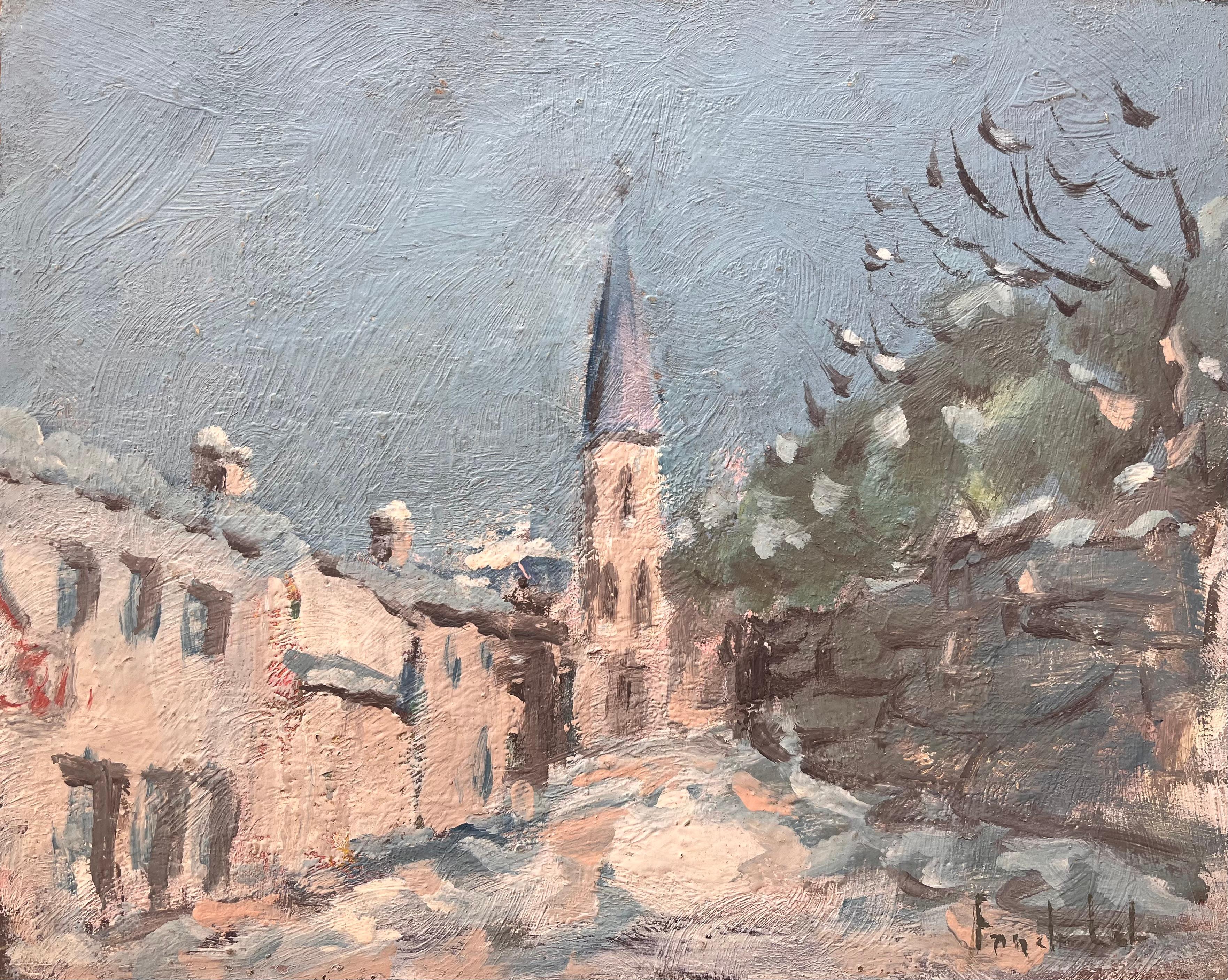 Fanch Lel Landscape Painting – Französischer Impressionist Winterliche Straßenszene mit Kirchturmspitze und Schnee
