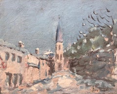 French Impressionist Winter Street Scene with Church Spire and Snow