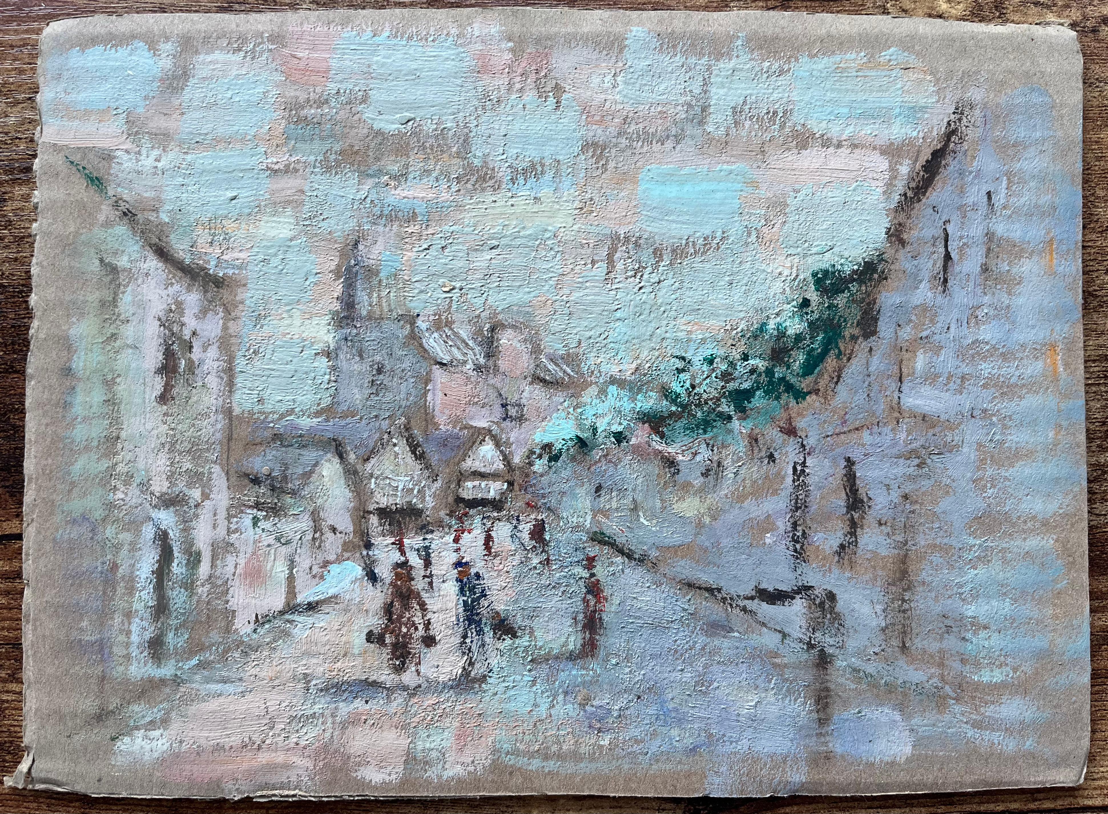 Escena callejera invernal impresionista francesa con figuras y aguja de iglesia - Painting de Fanch Lel