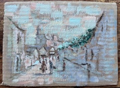 French Impressionist Winter Street Scene with Figures and Church Spire
