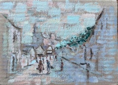 French Impressionist Winter Street Scene with Figures and Church Spire