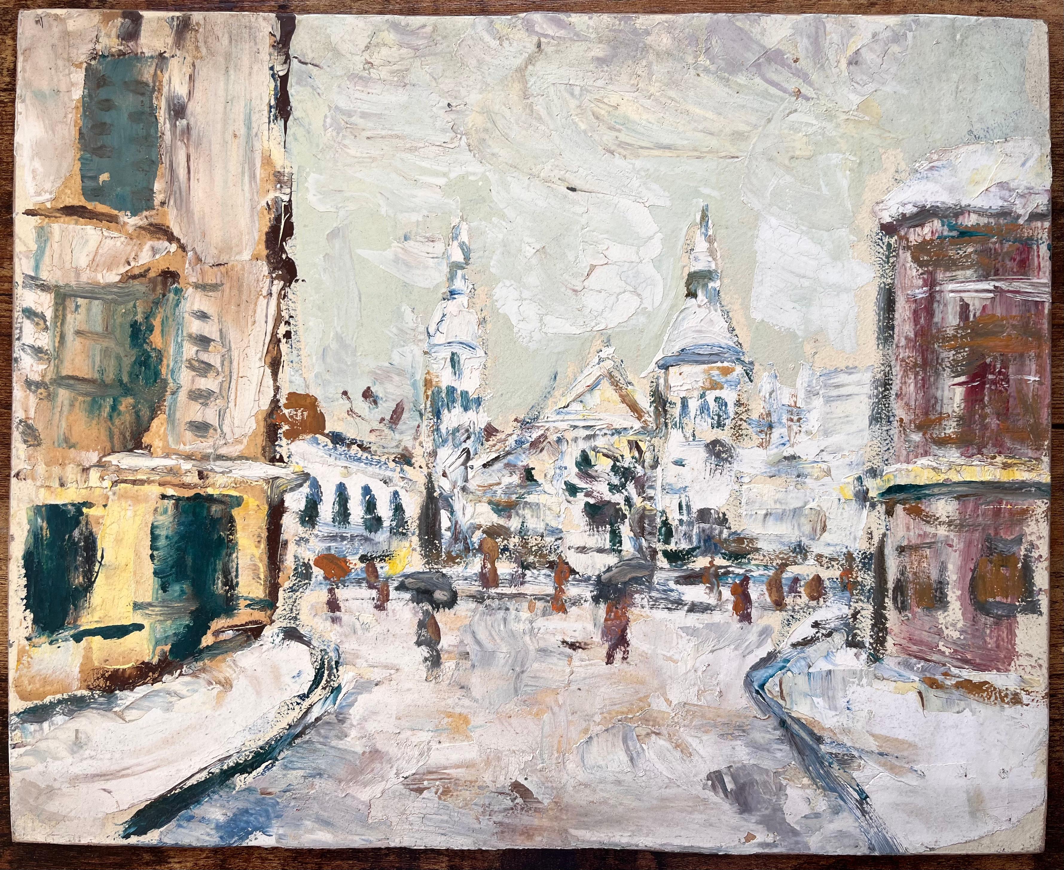 Französischer Impressionist Winterliche Straßenszene mit Sacré-Cœur im Schnee – Painting von Fanch Lel