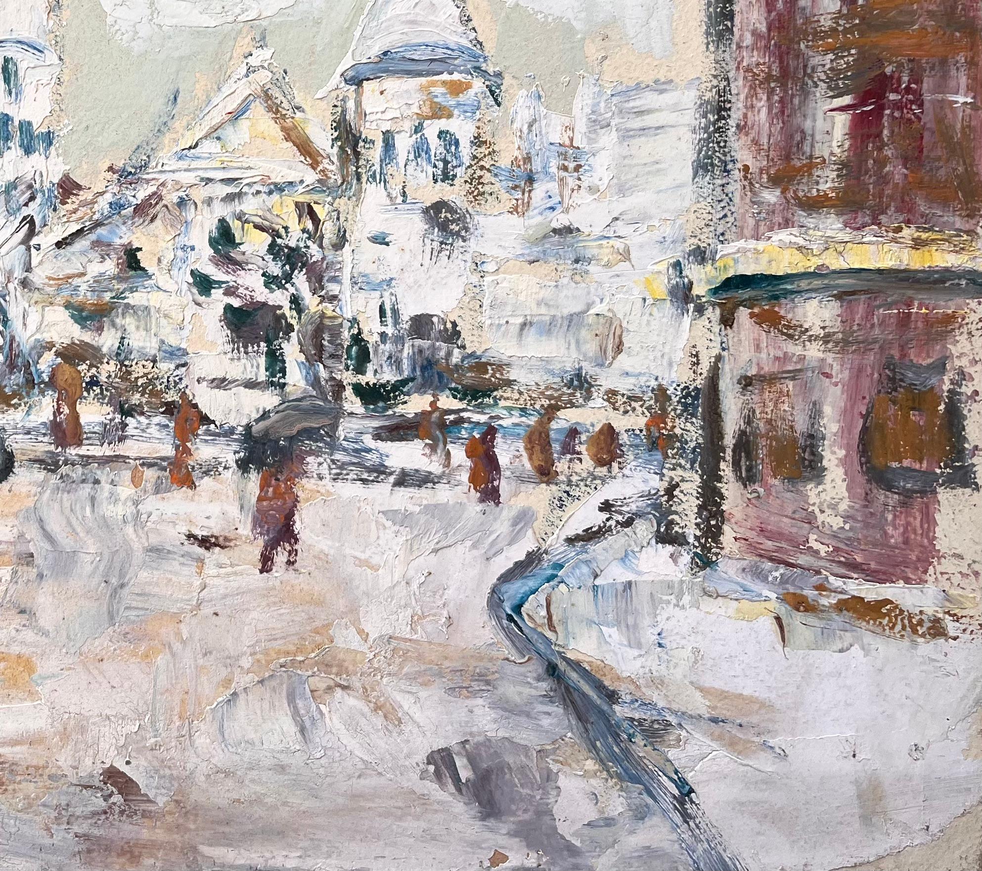 Titel: Französischer Impressionist Winterliche Straßenszene mit Sacré-Cœur im Schnee
Von Fanch Lel
Unterschrieben: Ja
Größe: 13 x 16 Zoll (Höhe x Breite)
Ölgemälde auf Karton, ungerahmt
Zustand: Das Gemälde ist in gutem Zustand mit ausdrucksstarker