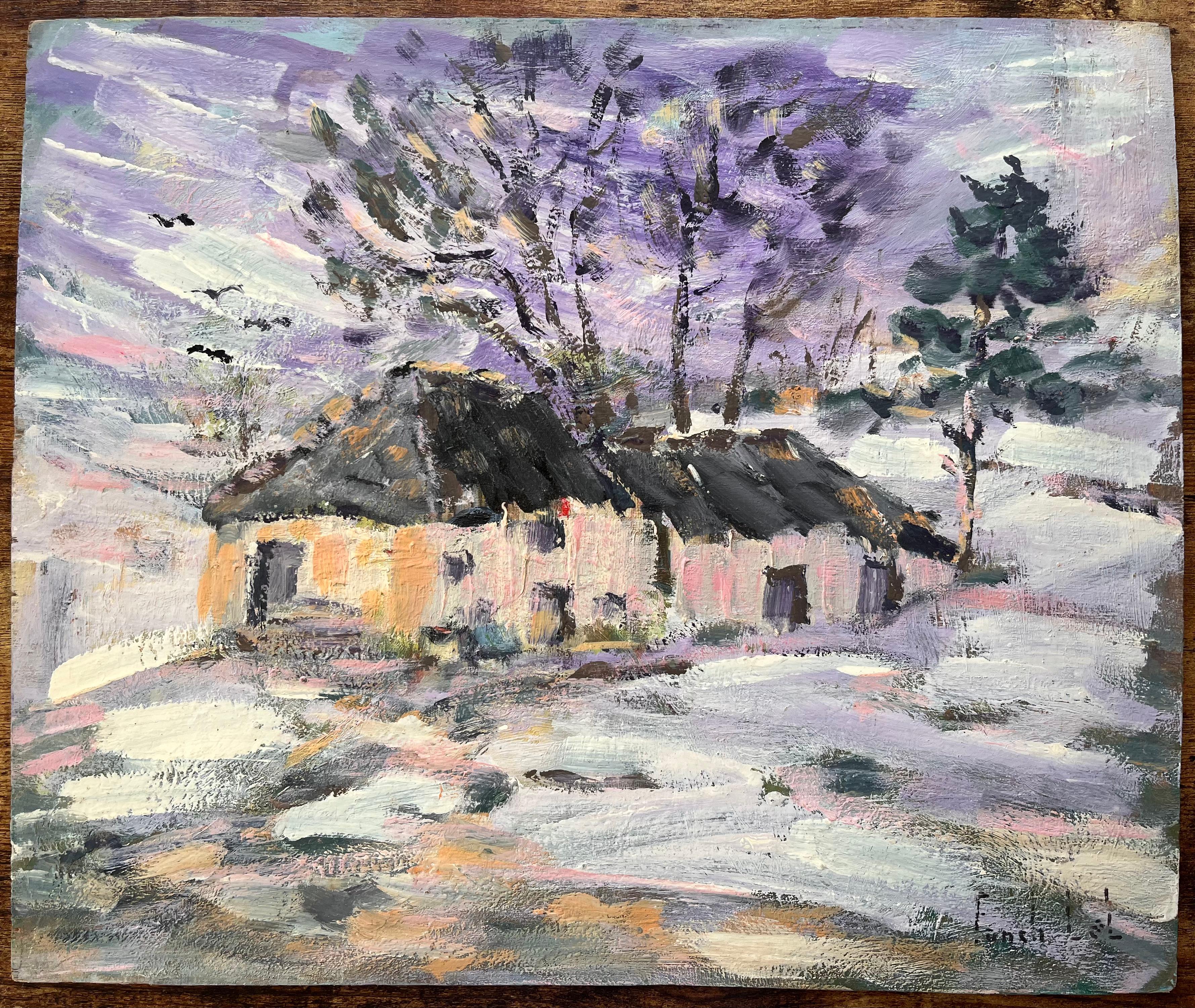 Französischer Impressionismus Schneelandschaft mit Häusern und Bäumen – Painting von Fanch Lel