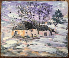 French Impressionistic Snowy Landscape with Cottages and Trees
