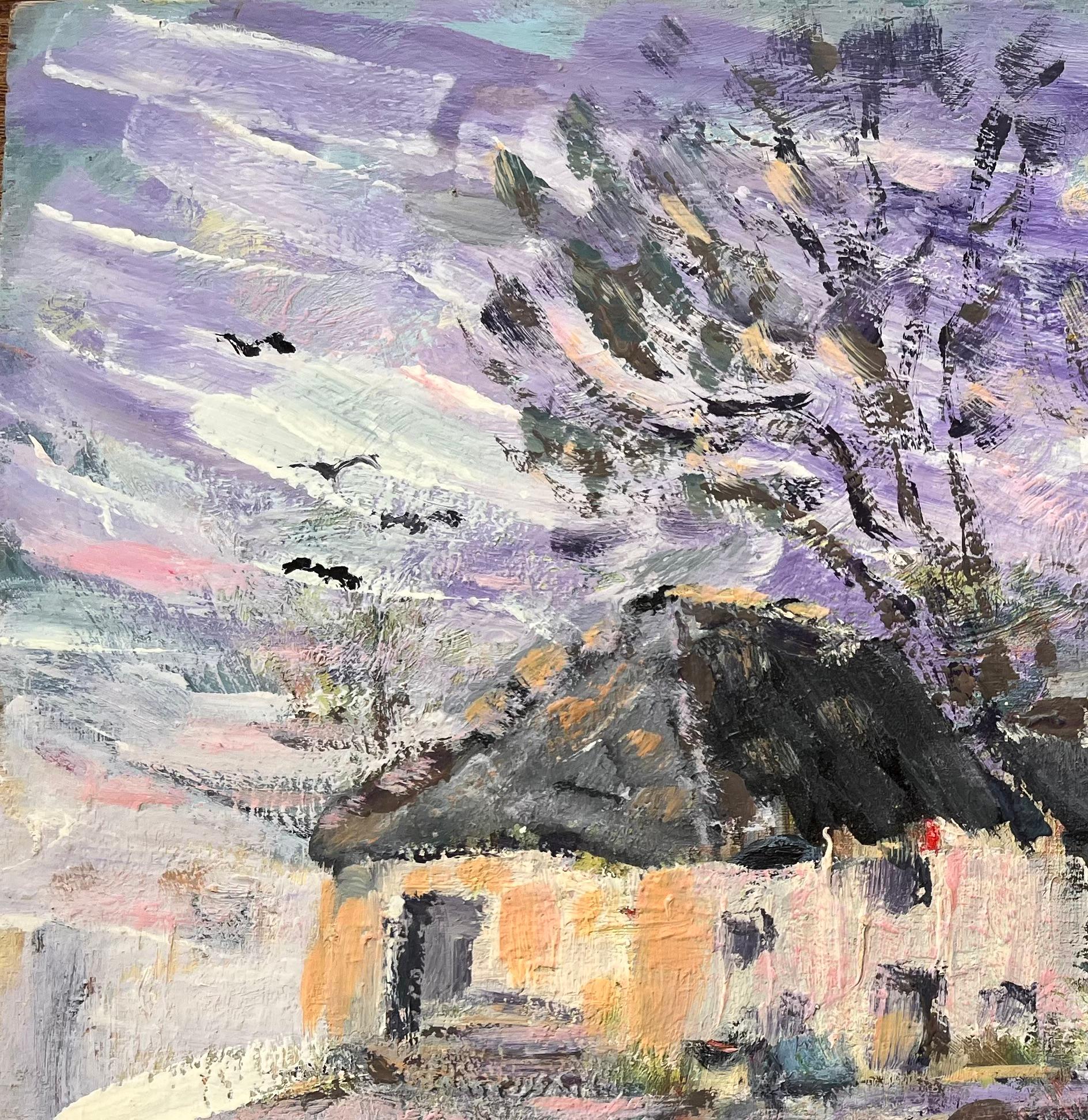 Französischer Impressionismus Schneelandschaft mit Häusern und Bäumen (Grau), Abstract Painting, von Fanch Lel