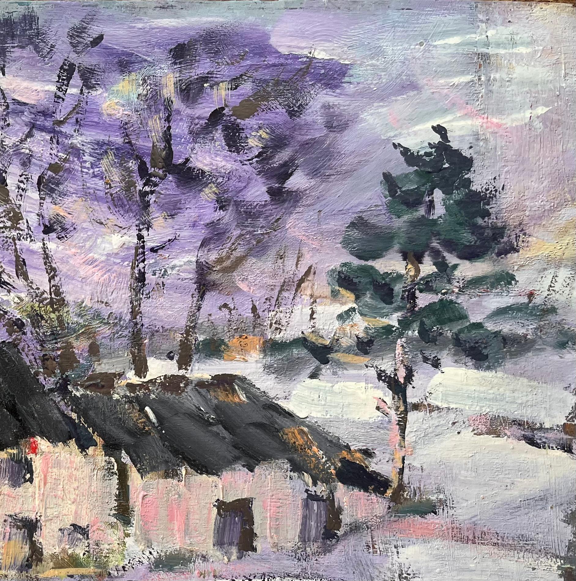Titel: Französischer Impressionismus Schneelandschaft mit Häusern und Bäumen
Von Fanch Lel
Unterschrieben: Ja
Größe: 15 x 18 Zoll (Höhe x Breite)
Ölgemälde auf Karton, ungerahmt
Zustand: Das Gemälde ist in gutem Zustand mit ausdrucksstarker Textur;