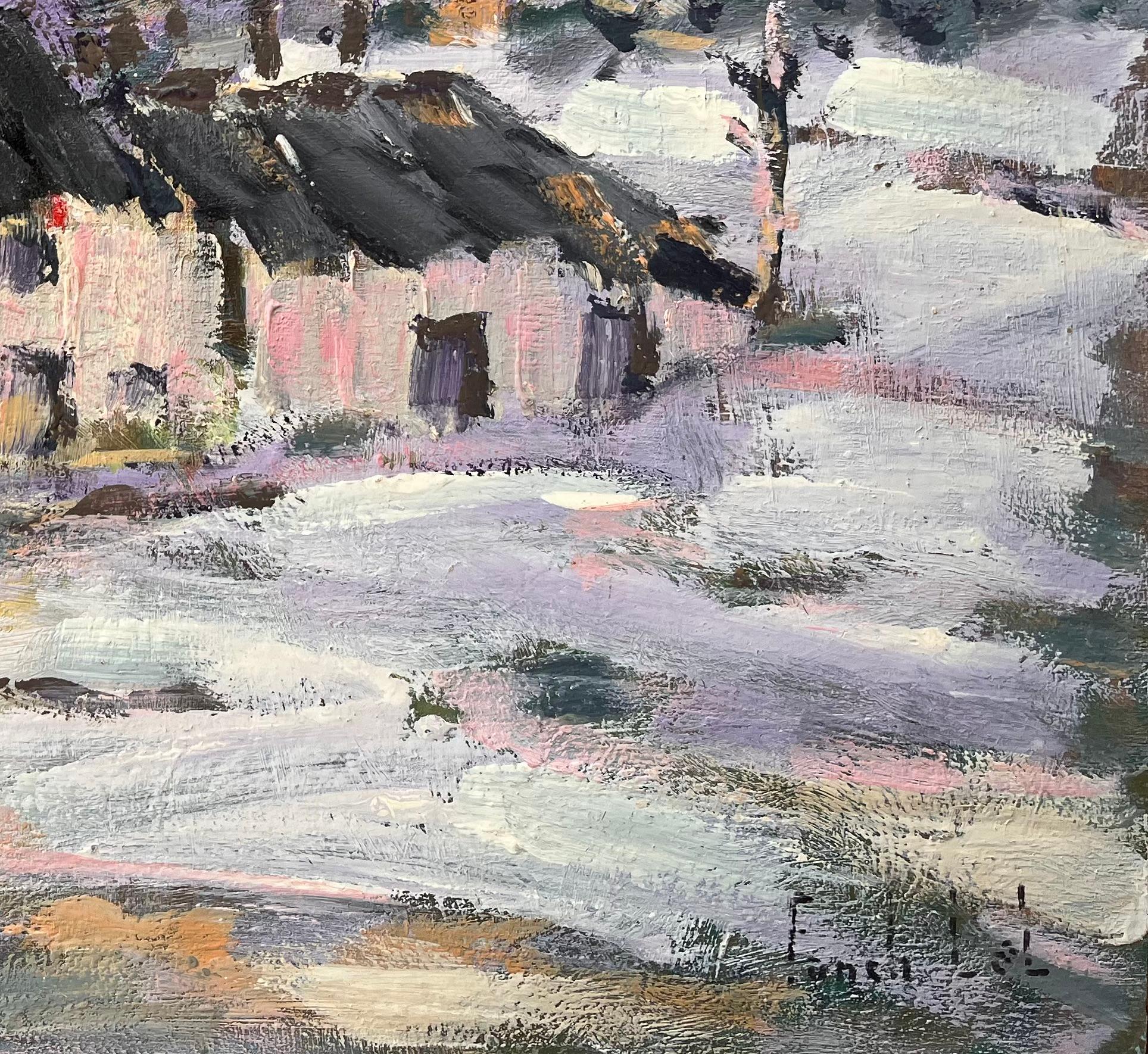 Französischer Impressionismus Schneelandschaft mit Häusern und Bäumen im Angebot 1