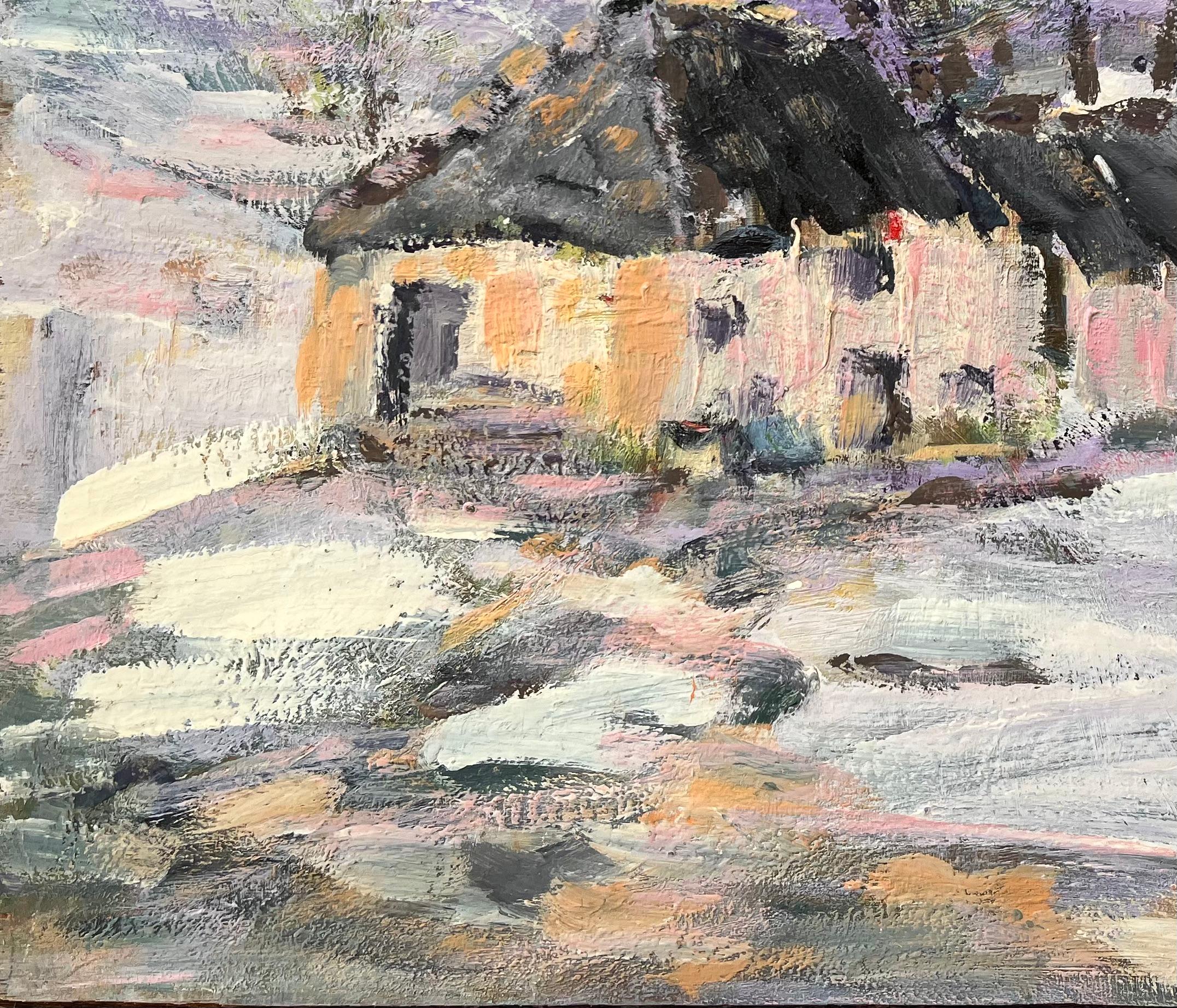 Französischer Impressionismus Schneelandschaft mit Häusern und Bäumen im Angebot 2