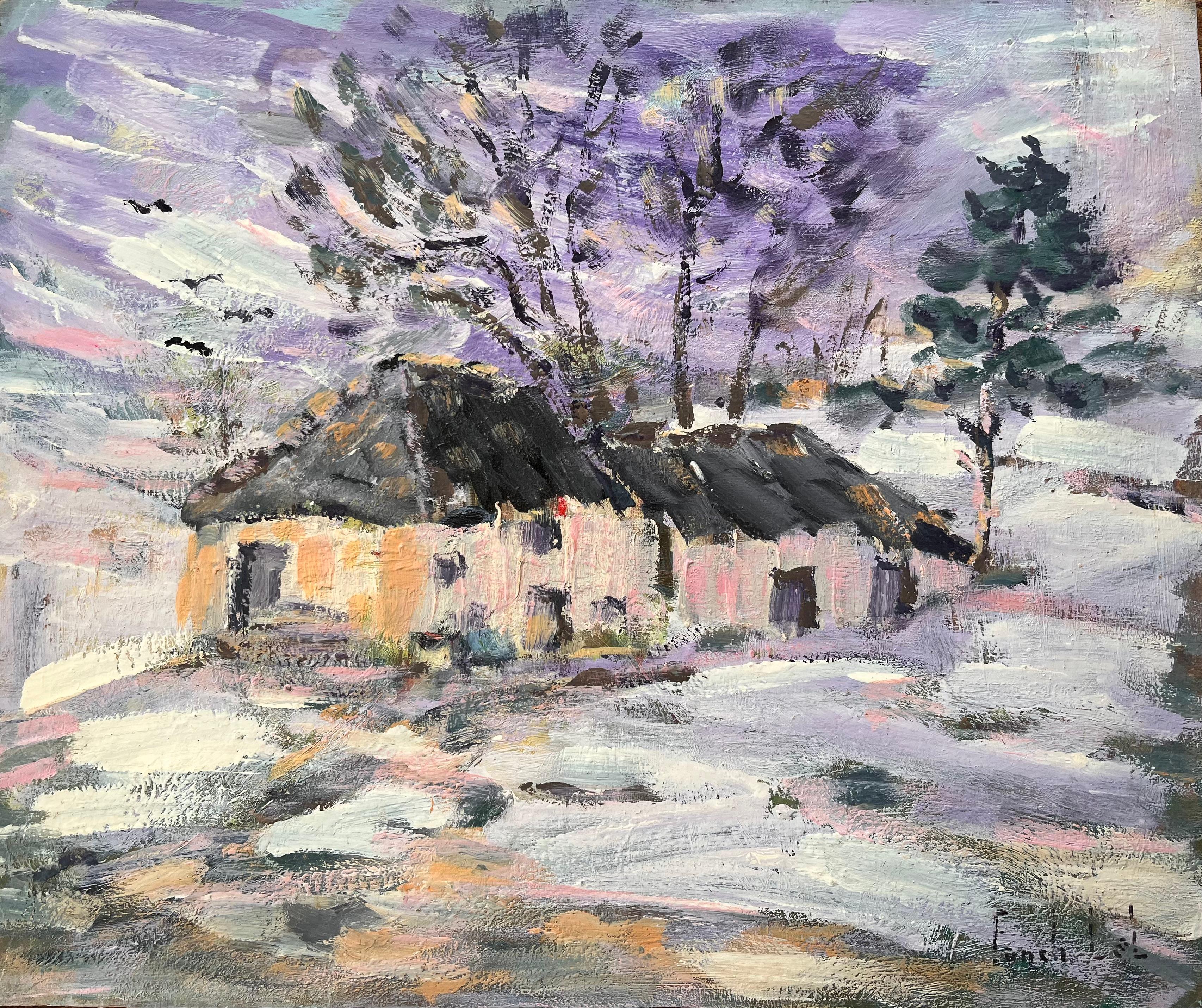 Paysage de neige impressionniste français avec cottages et arbres