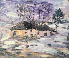 French Impressionistic Snowy Landscape with Cottages and Trees