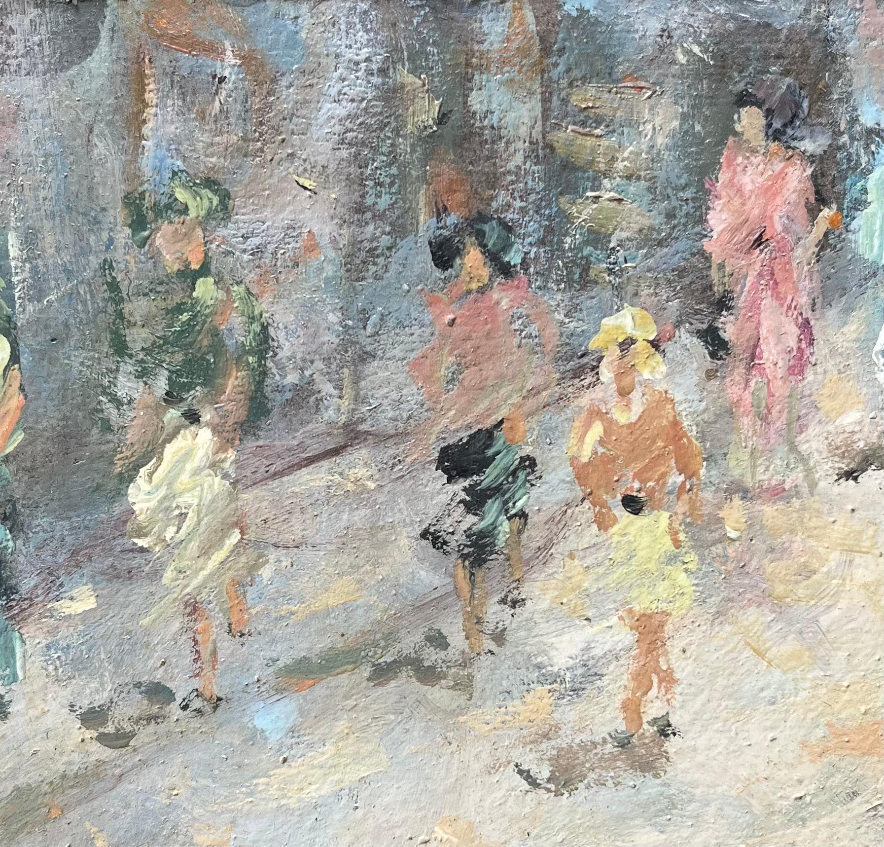 Escena callejera impresionista francesa con figuras a la luz del verano - Landscape Painting Gris de Fanch Lel