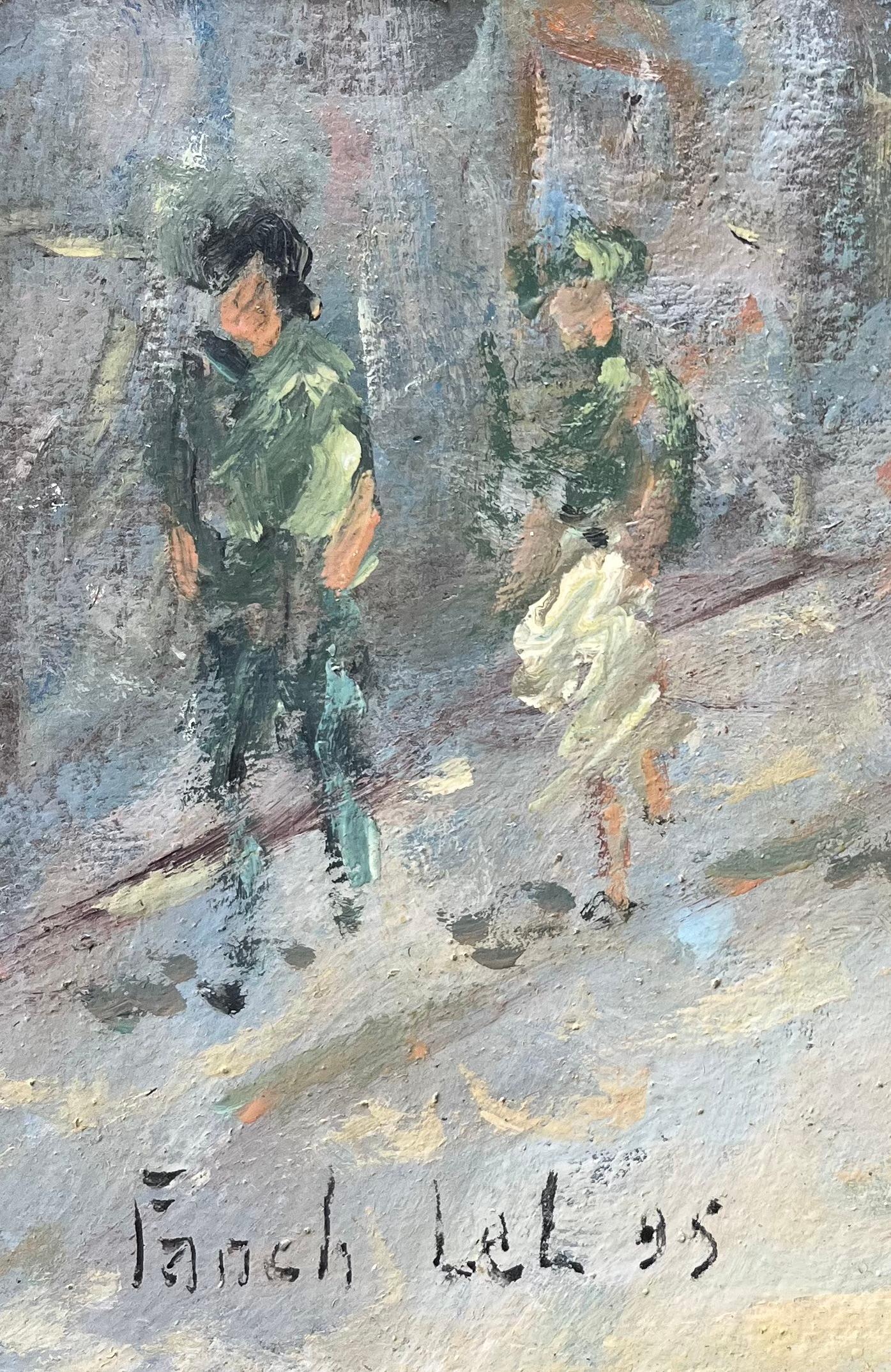 Escena callejera impresionista francesa con figuras a la luz del verano
Por Fanch Lel (francés, 1930)
Tamaño: 6 x 7,75 pulgadas (alto x ancho)
Inscripción al dorso
Óleo sobre tabla, sin enmarcar
Estado: el cuadro está en muy buen