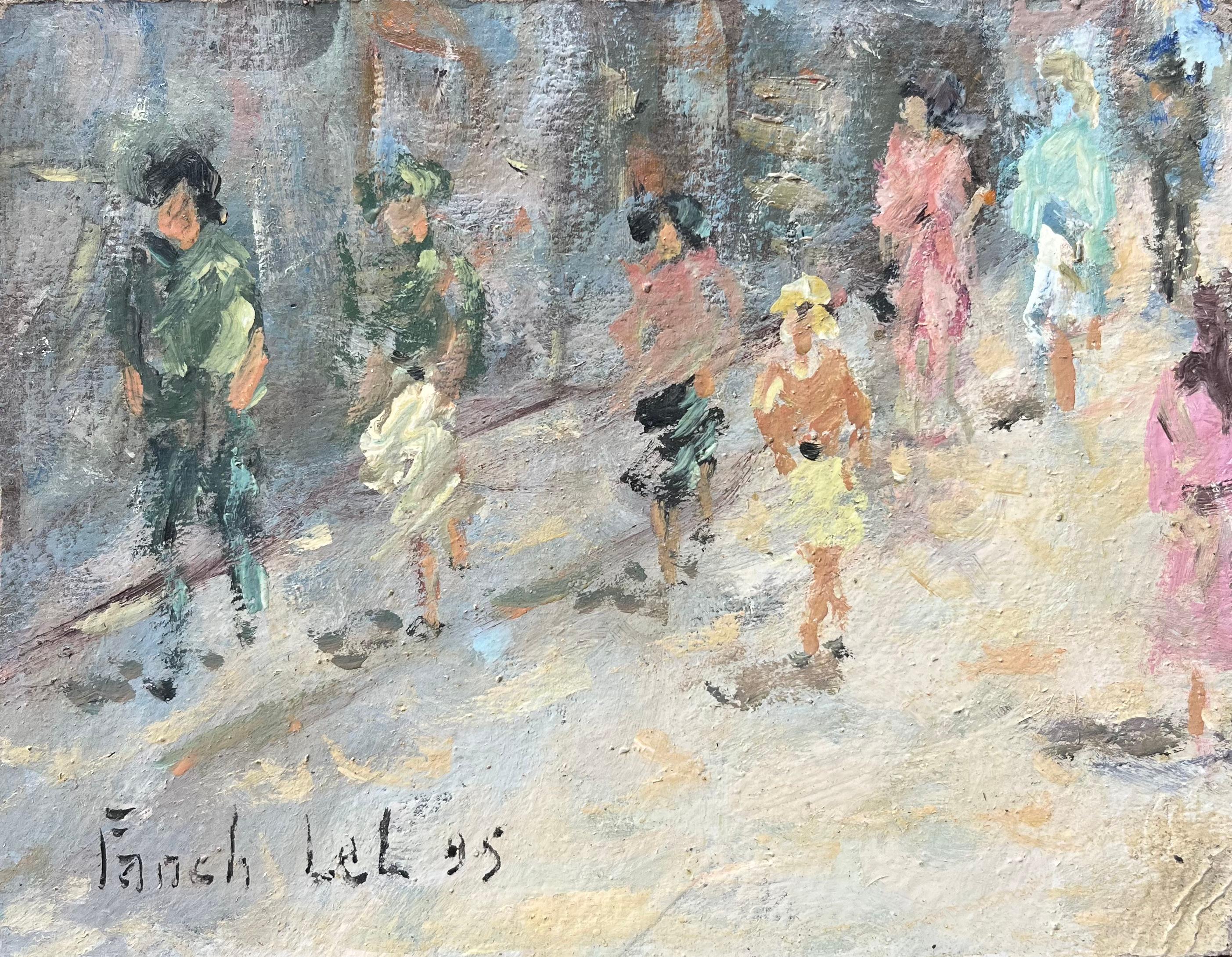 Landscape Painting de Fanch Lel - Escena callejera impresionista francesa con figuras a la luz del verano