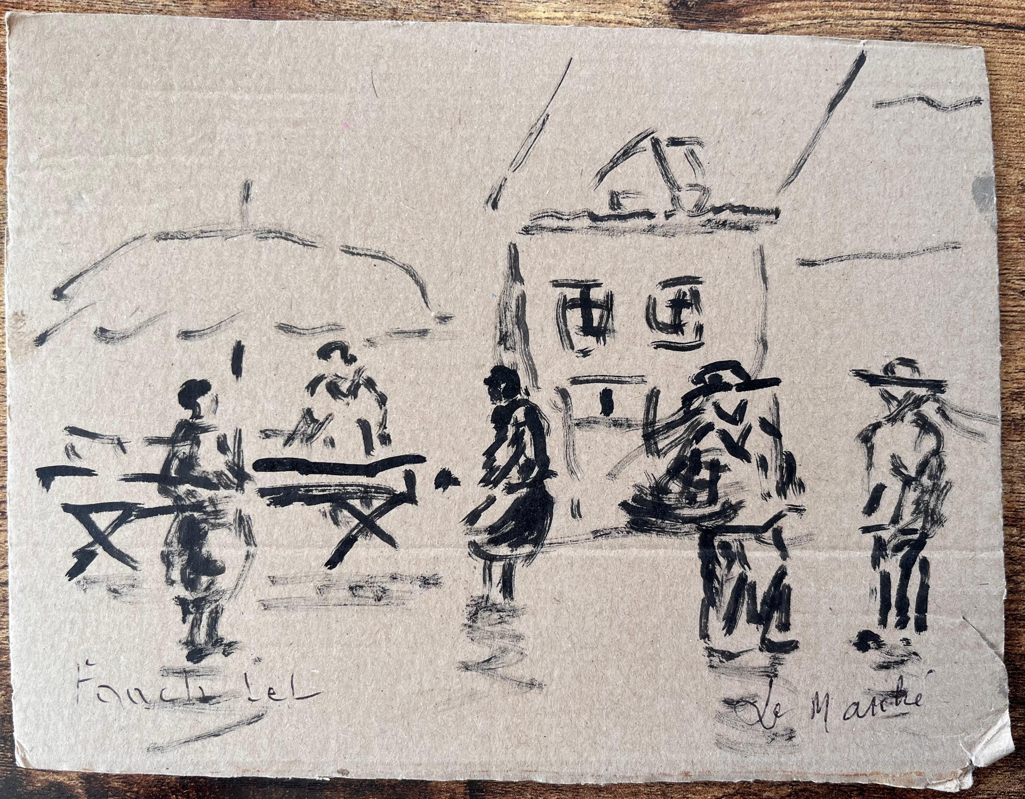 Französische Tuschezeichnung einer Marktszene mit Figuren und Umbrella von Fanch Lel im Angebot 1