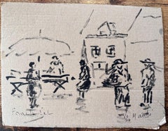 French Ink Drawing of Market Scene with Figures and Umbrella by Fanch Lel