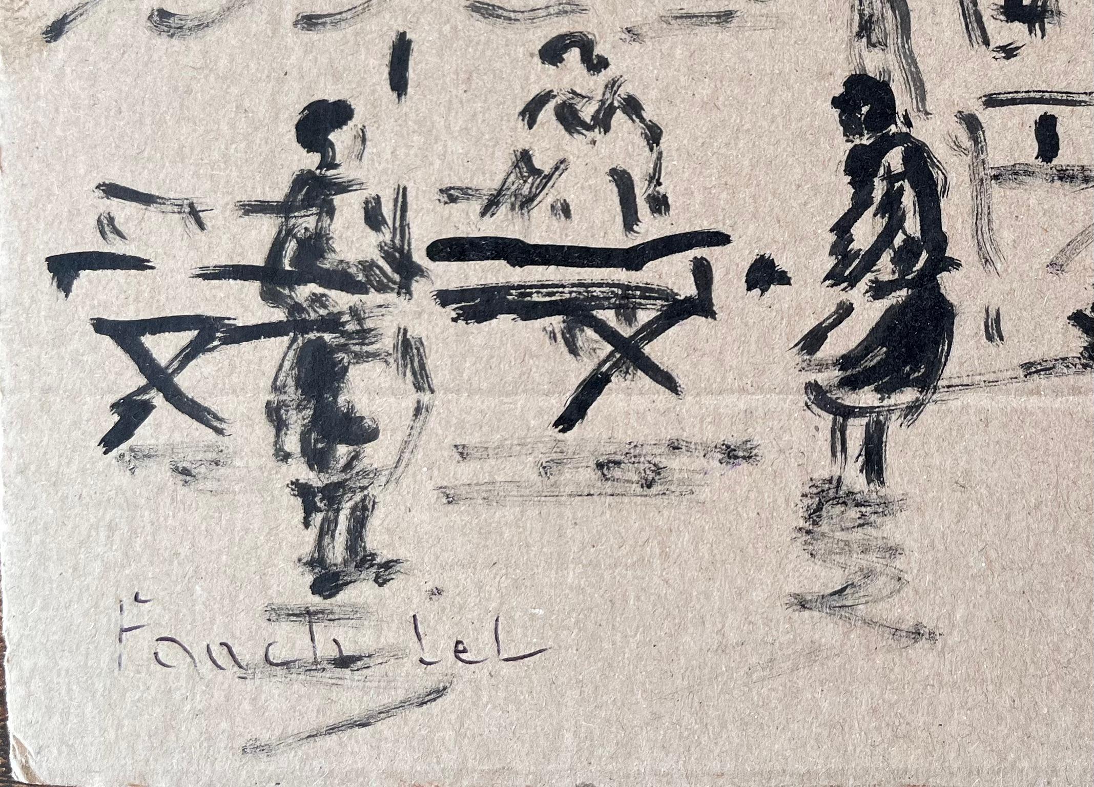 Französische Tuschezeichnung einer Marktszene mit Figuren und Umbrella von Fanch Lel im Angebot 4