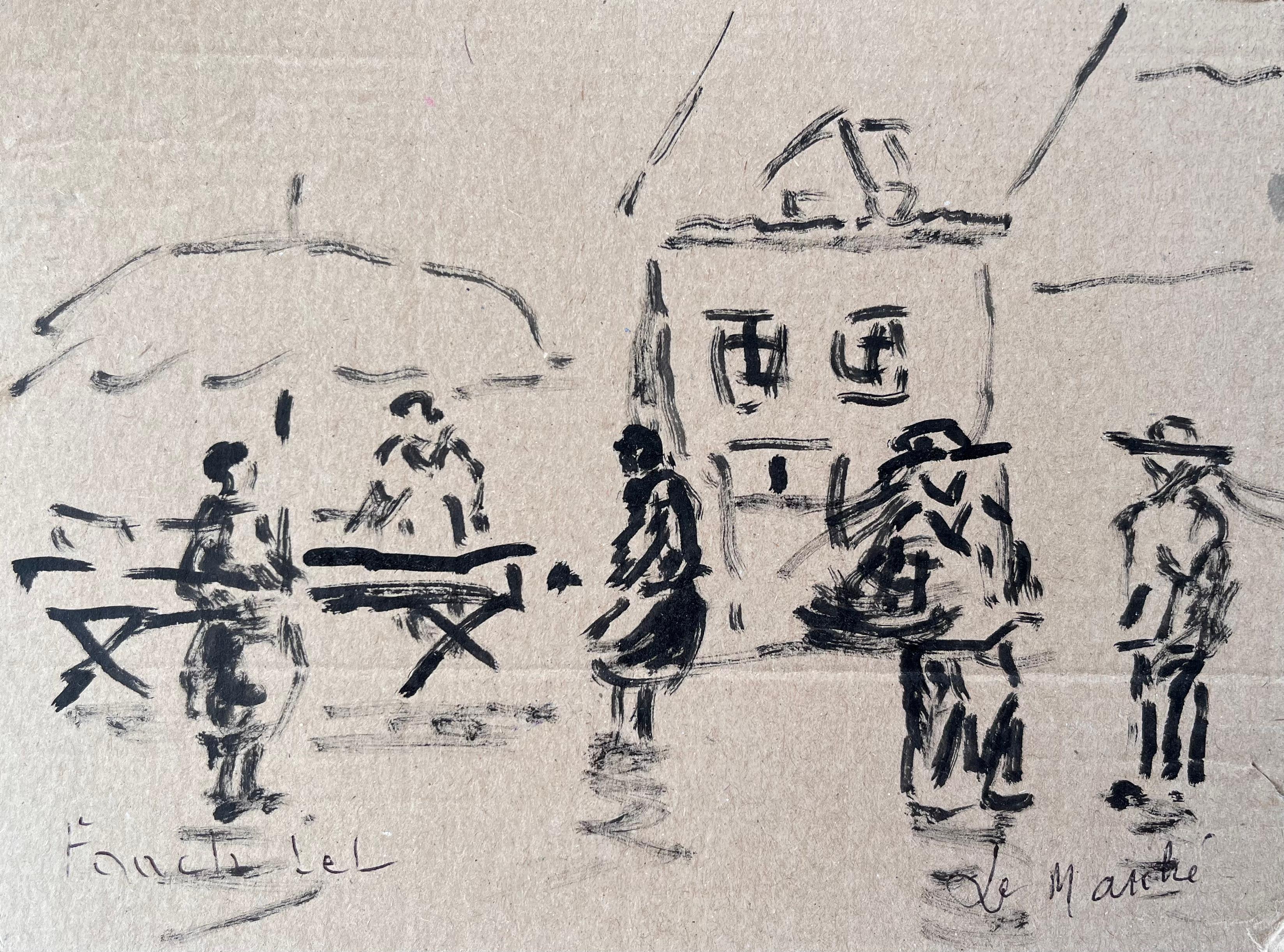 Titel: Französische Tuschezeichnung einer Marktszene mit Figuren und Regenschirm von Fanch Lel
Von Fanch Lel
Unterschrieben: Ja
Größe: 6,5 x 8,5 Zoll (Höhe x Breite)
Tusche auf Karton, ungerahmt
Zustand: Insgesamt guter Zustand mit leichten