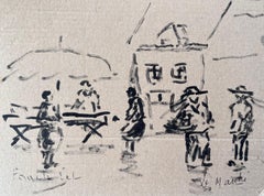 Dibujo a tinta francesa de Escena de mercado con figuras y sombrilla de Fanch Lel