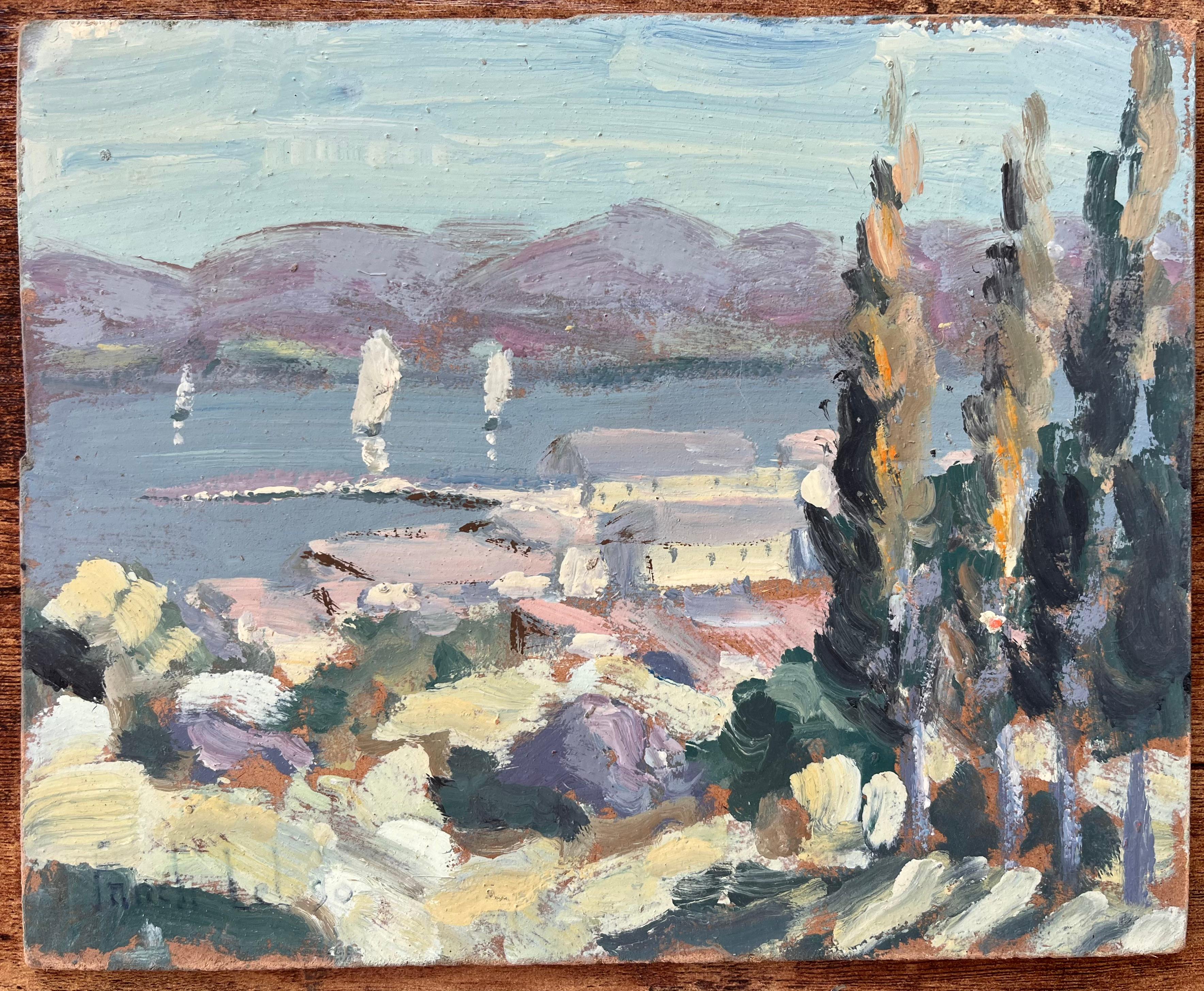 Französische Landschaft des Golfs von Ajaccio in Korsika mit Bäumen und Segelbooten – Painting von Fanch Lel