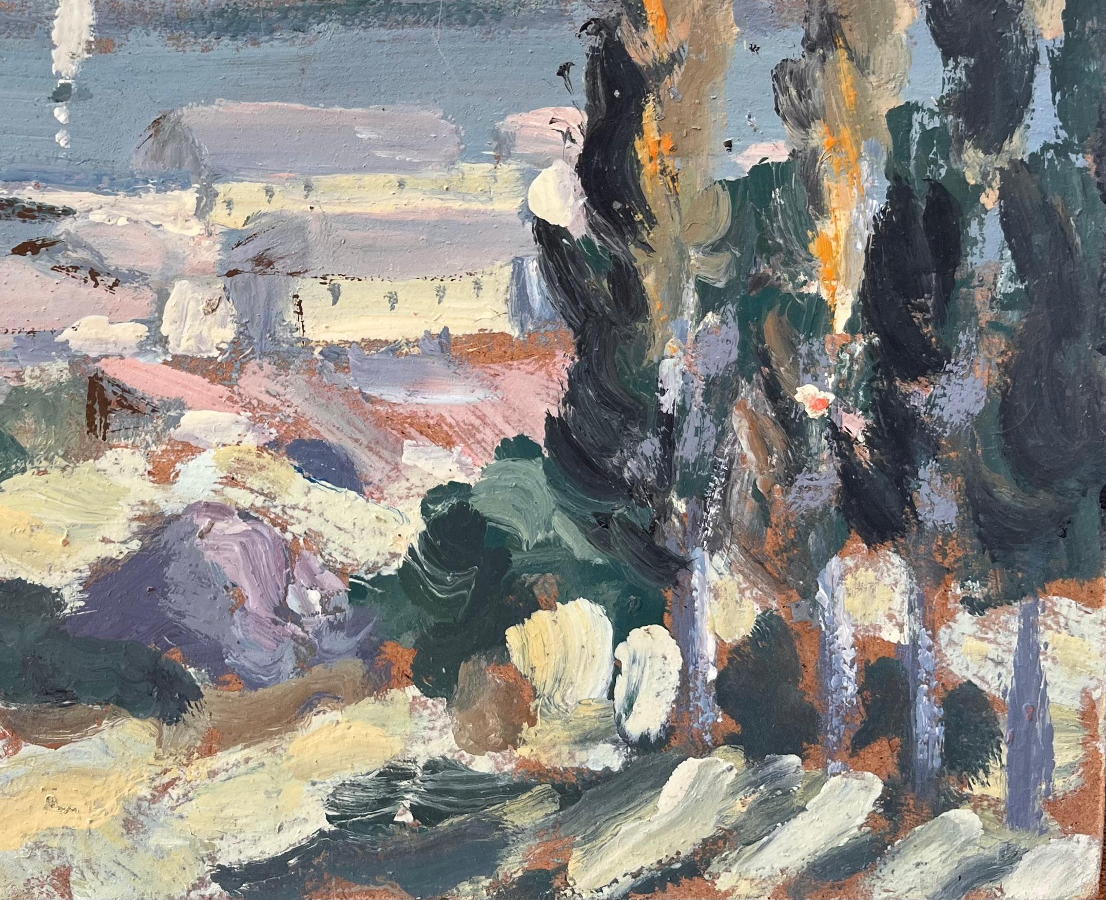 Französische Landschaft des Golfs von Ajaccio in Korsika mit Bäumen und Segelbooten (Impressionismus), Painting, von Fanch Lel