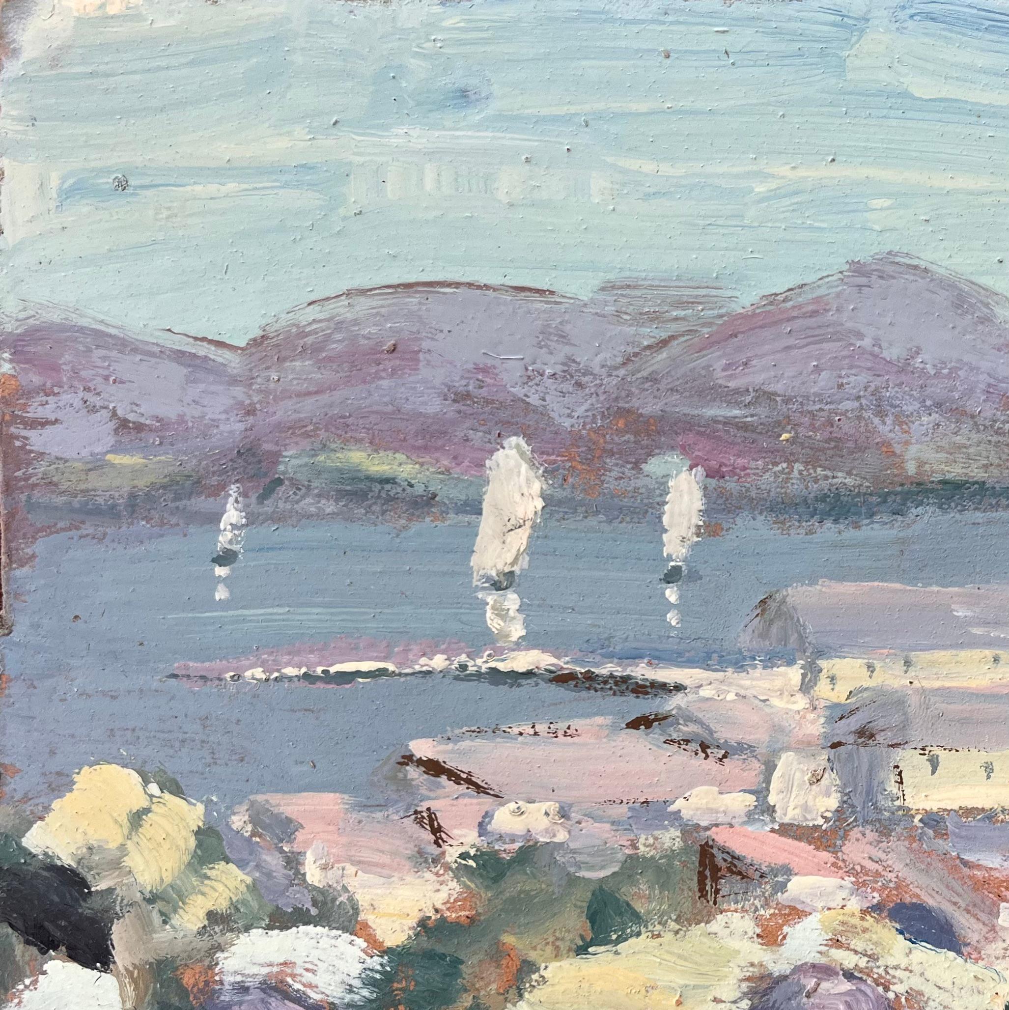 Titel: Französische Landschaft des Golfs von Ajaccio auf Korsika mit Bäumen und Segelbooten
Von Fanch Lel
Unterschrieben: Ja
Größe: 8,5 x 10,75 Zoll (Höhe x Breite)
Ölgemälde auf Karton, ungerahmt
Zustand: Das Gemälde ist in gutem Zustand mit