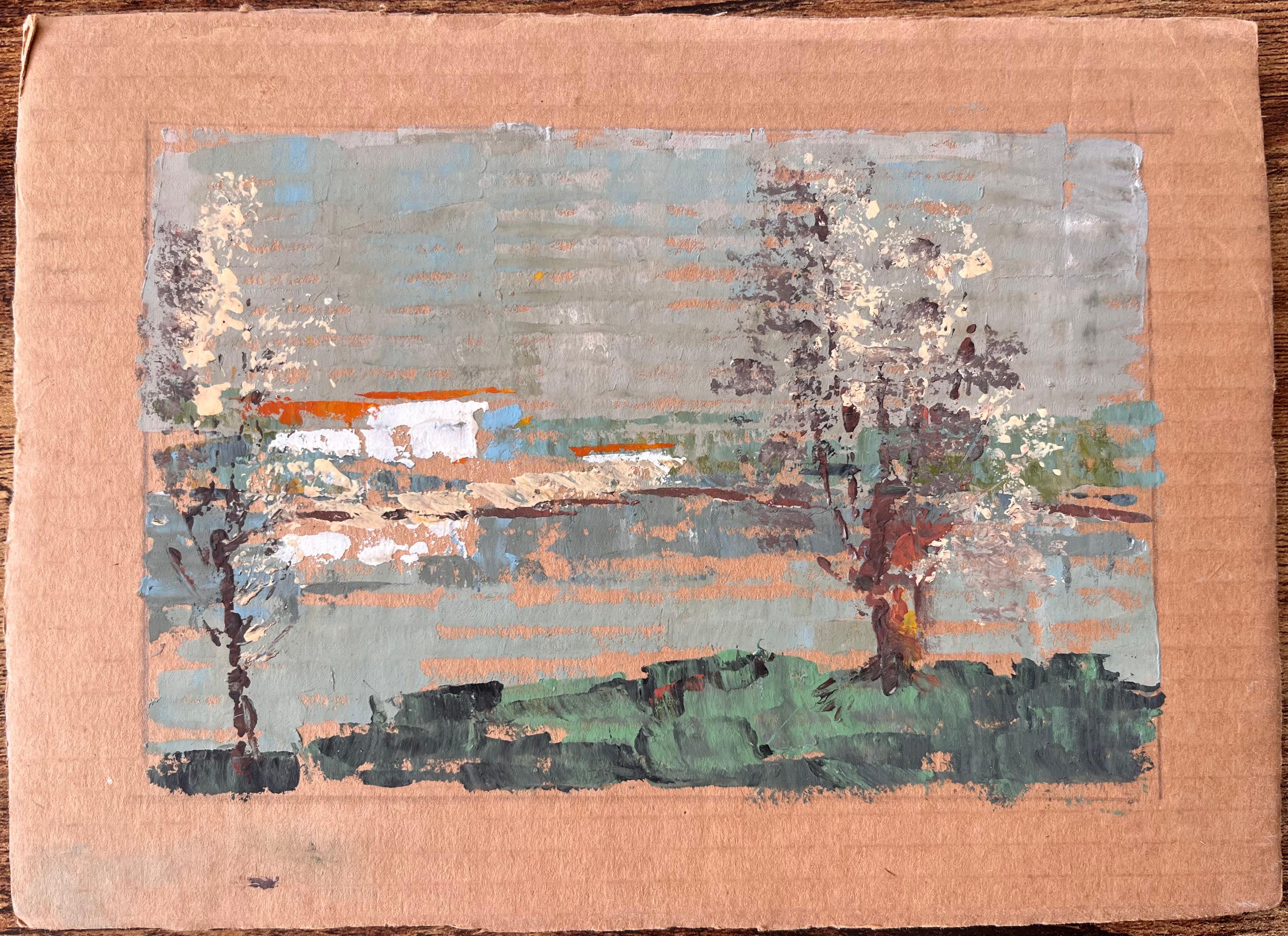 Paisaje francés con árboles en flor y granja en Beaumont Pléneuf - Painting de Fanch Lel