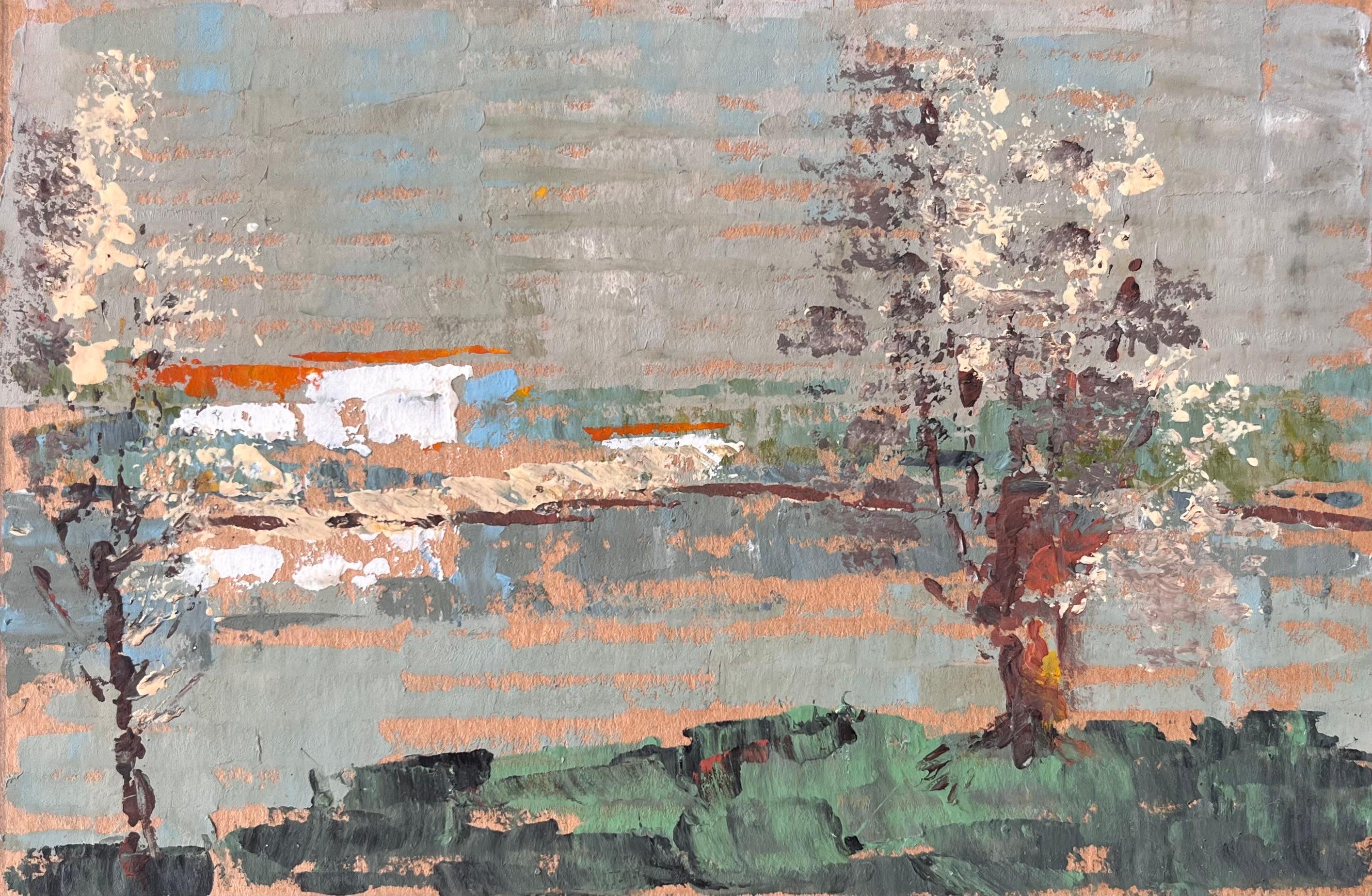 Landscape Painting de Fanch Lel - Paisaje francés con árboles en flor y granja en Beaumont Pléneuf