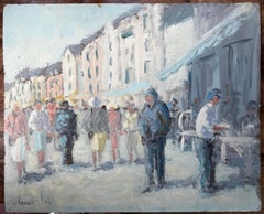 French Market Day with Figures and Cafe Awnings in Sunlit Street by Fanch Lel