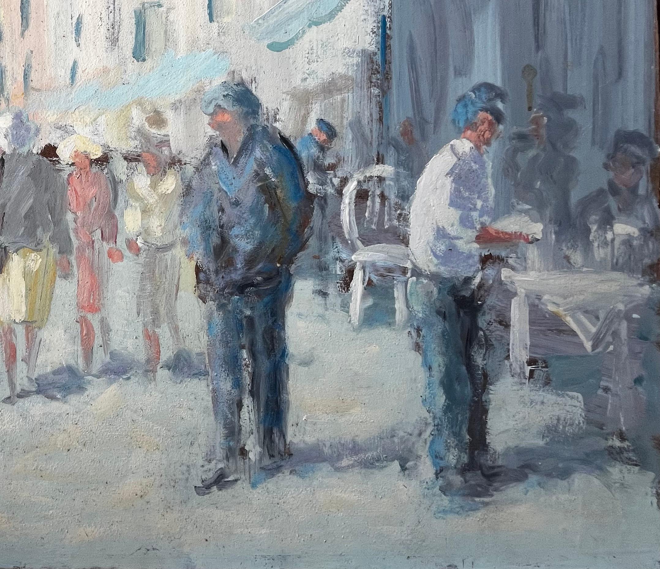 French Market Day with Figures and Cafe Awnings in Sunlit Street by Fanch Lel For Sale 2